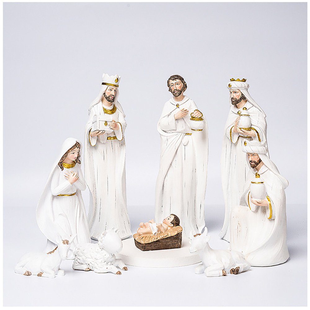 Fanci Home Weihnachtsfigur Weihnachtskrippe W4 (Weihnachtsdeko, 9 St., ca. 19cm Krippenzubehör aus Harz), Handbemalte Krippe heilige Familie Advent Dekoration