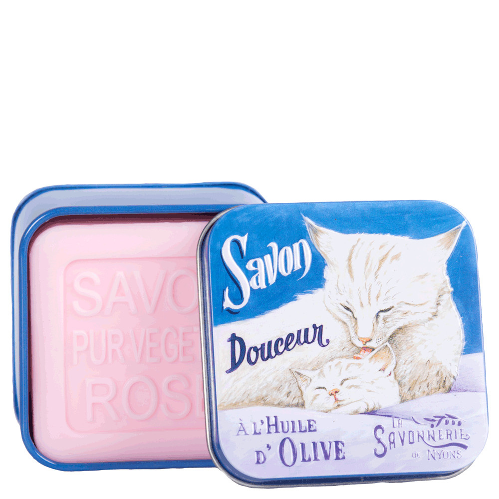 La savonnerie de nyons Savon 100g Rose et Boîte Métal Chats Blancs Savon