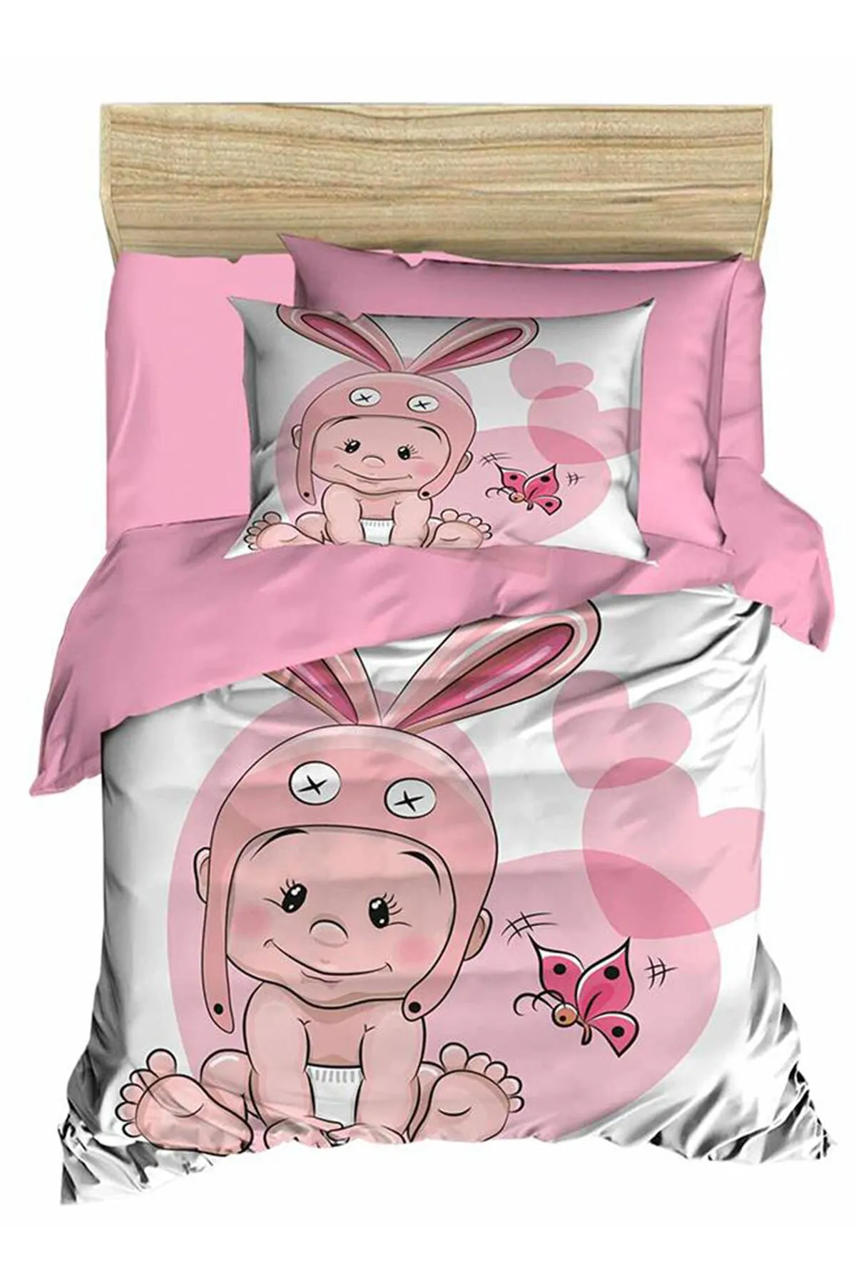Çeyiz Diyarı  Digital bedrucktes 3D-Bettbezug-Set für Babys, Hase, Babyrosa