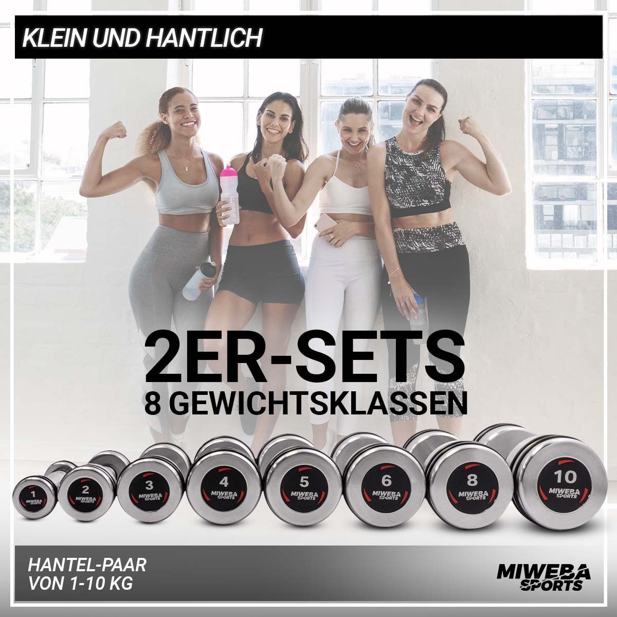 Miweba Sports Hantel-Set Profi Chrom Gymnastik Hantel Set - 8 Gewichtsklassen, (1 kg - 2 kg - 3 kg - 4 kg - 5 kg - 6 kg - 8 kg -10 kg - Stahl - Hochglanz-Optik - bodenschonend - schwarz / silber - Fitnesshanteln - Krafttraining - Sport - Workout - Tr