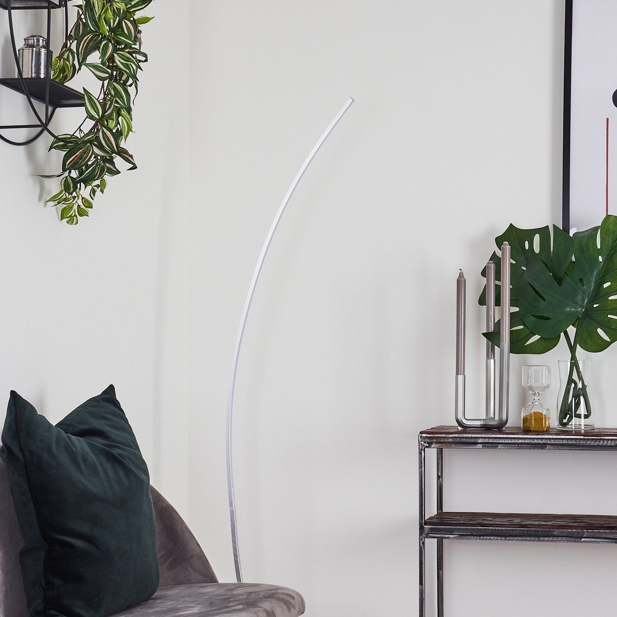 hofstein Stehlampe Brie LED Designer Standlampe in Aluminiumgebürstet, gebogene Stehleuchte mit Fußschalter und Kabel, halbrund, Leselampe