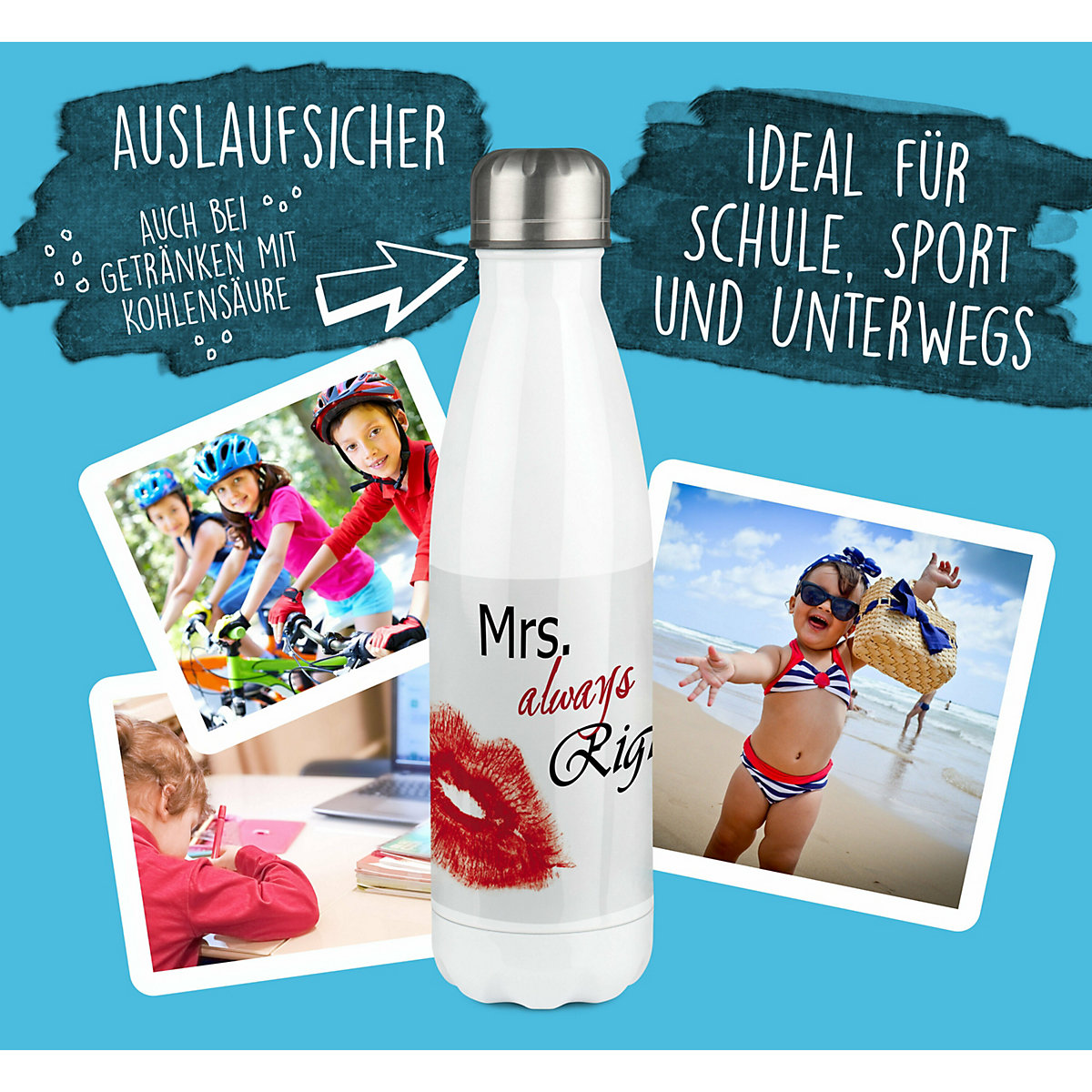 Edelstahl Kinder Thermoflasche / Trinkflasche bunt Kussmund Spülmaschinenfest, Auslaufsicher, Bruchfest, Doppelwandig, Für Heißgetränke geeignet, Mit Deckel, Isoliert