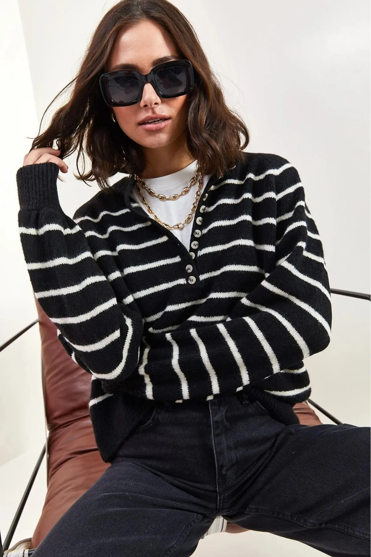 Bianco Lucci  Gestreifter Strickpullover mit Rollkragen und geknöpftem Kragen für Damen