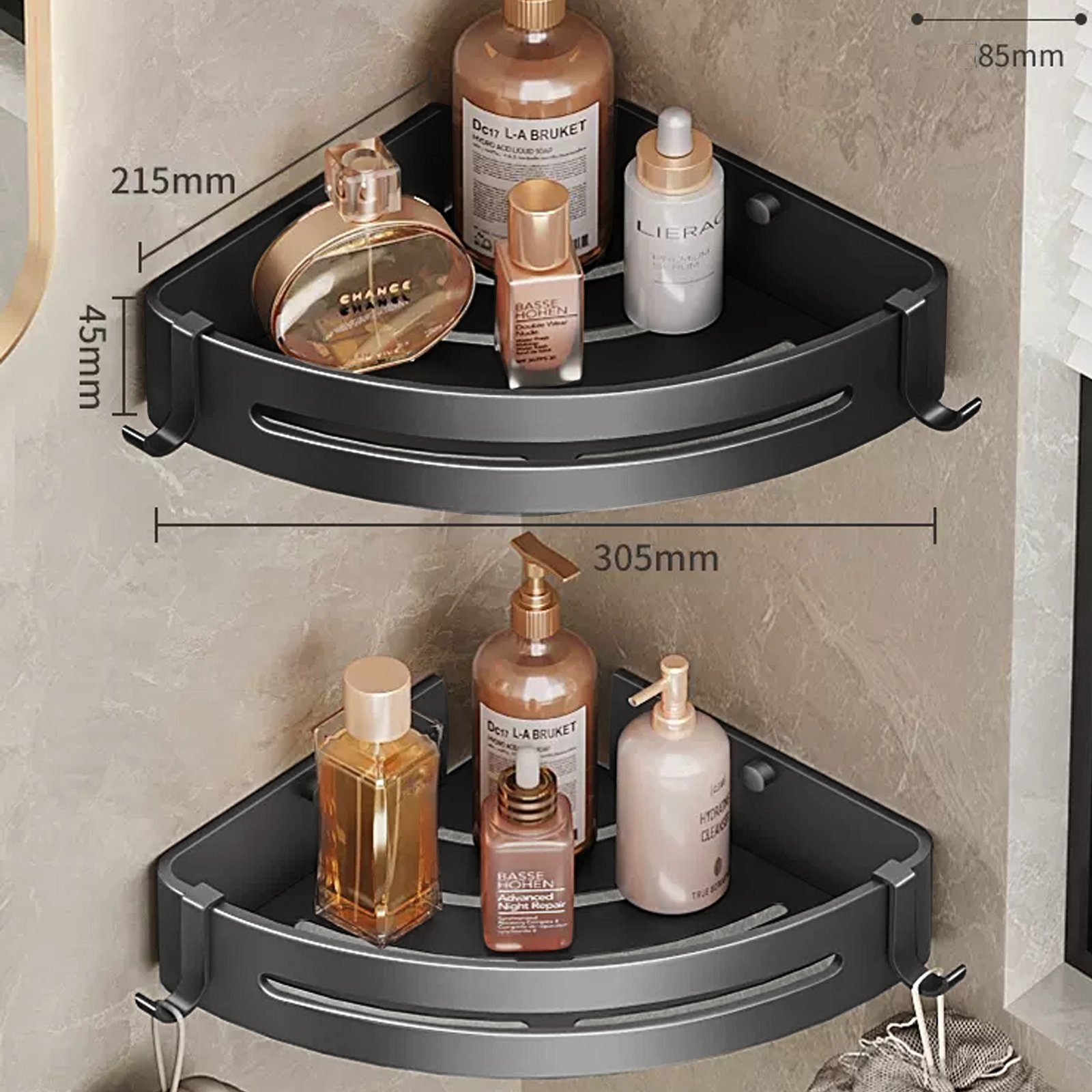 iceagle Duschablage Duschablage Schwarz Eckregal, Dreieck Duschkorb, Badregal Ohne Bohren, Badezimmer-Dreiecksregal ohne Bohren für Balkon, Schlafzimmer, 2-Pack, 4 Häkchen, Stanzen/Einfügen, Hochwertiges Raumfahrt-Aluminium