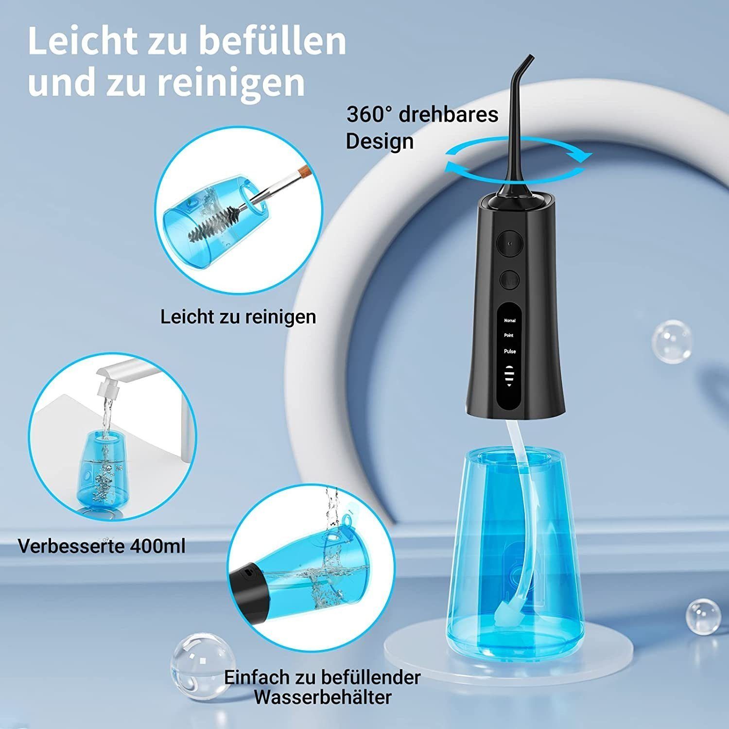 Yaviel Munddusche Elektrisch Flosser Waterfloss Mundpflegecenter Oral Zähne Irrigator, Kabellos 300ml Airfloss 4 Jet Nozzle 4 Intensitätsstufen Zahnspülung