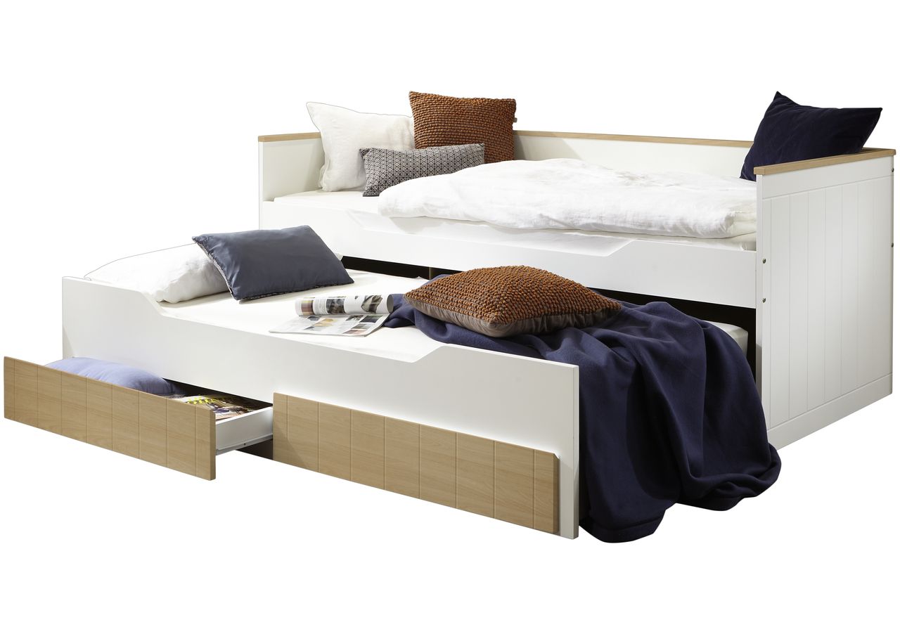 Relita Funktionsbett RONNY 2 Liegeflächen in weiß & 2 Schubladen massiver Buche, natur lackiert