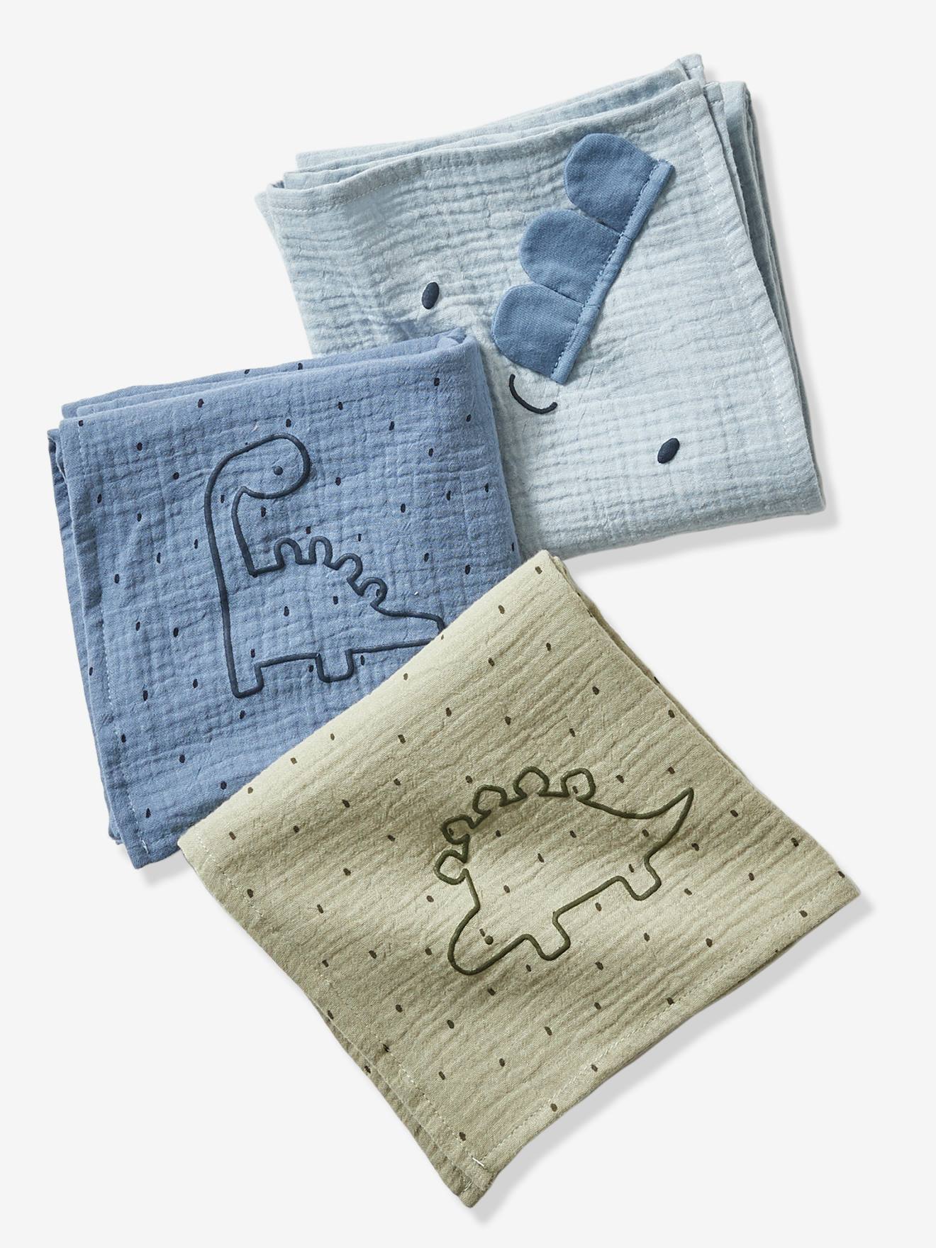 Lot de 3 langes en gaze de coton PETIT DINO bleu