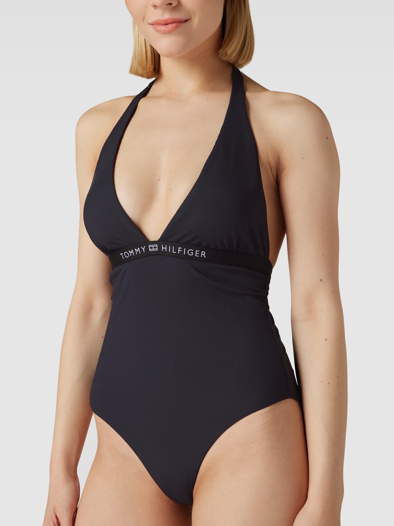 Badeanzug mit Label-Detail Modell 'HALTER' in schwarz