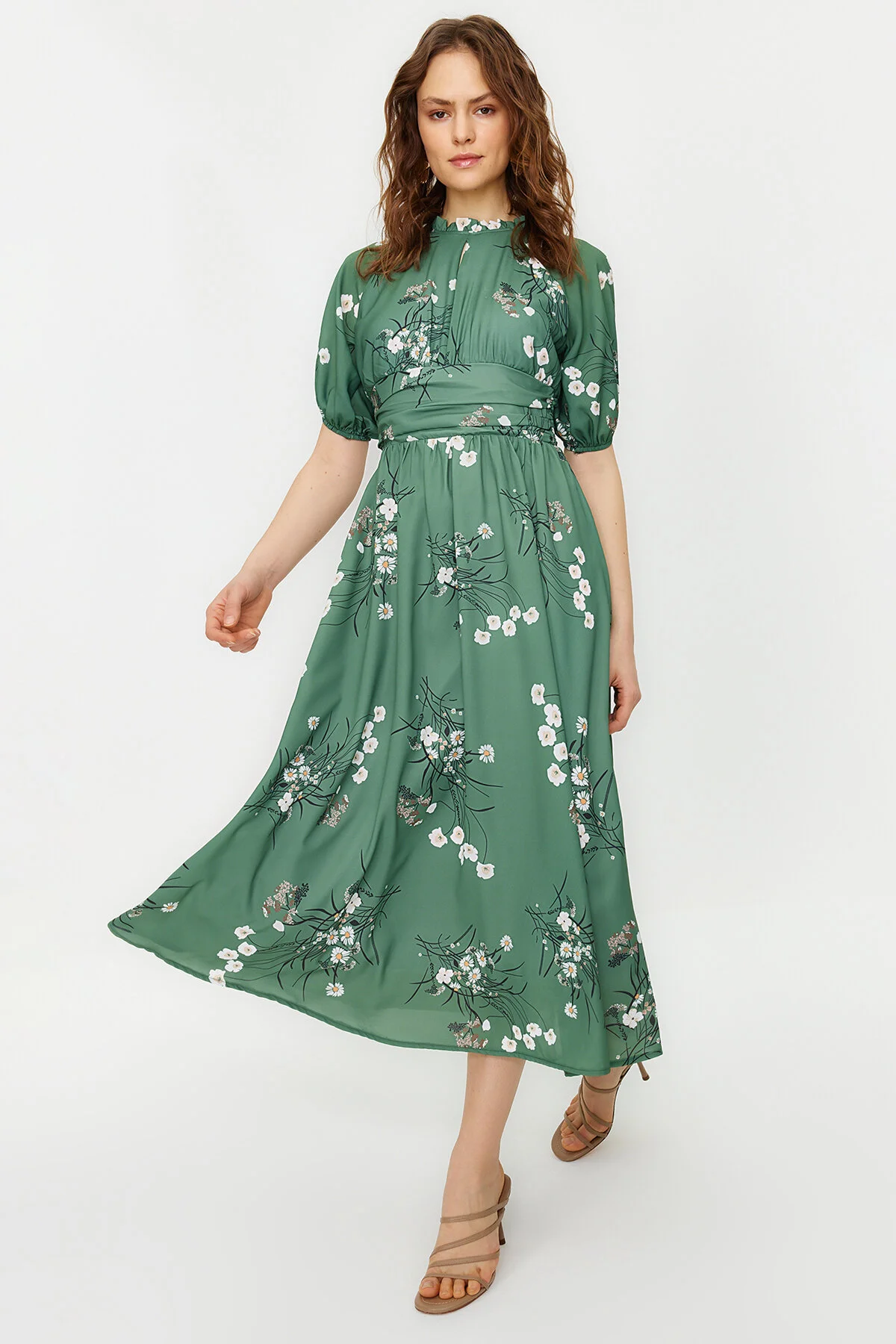 Trendyol Modest  Grünes langes Blumenkleid mit Ballonärmeln TCTSS24EB00008