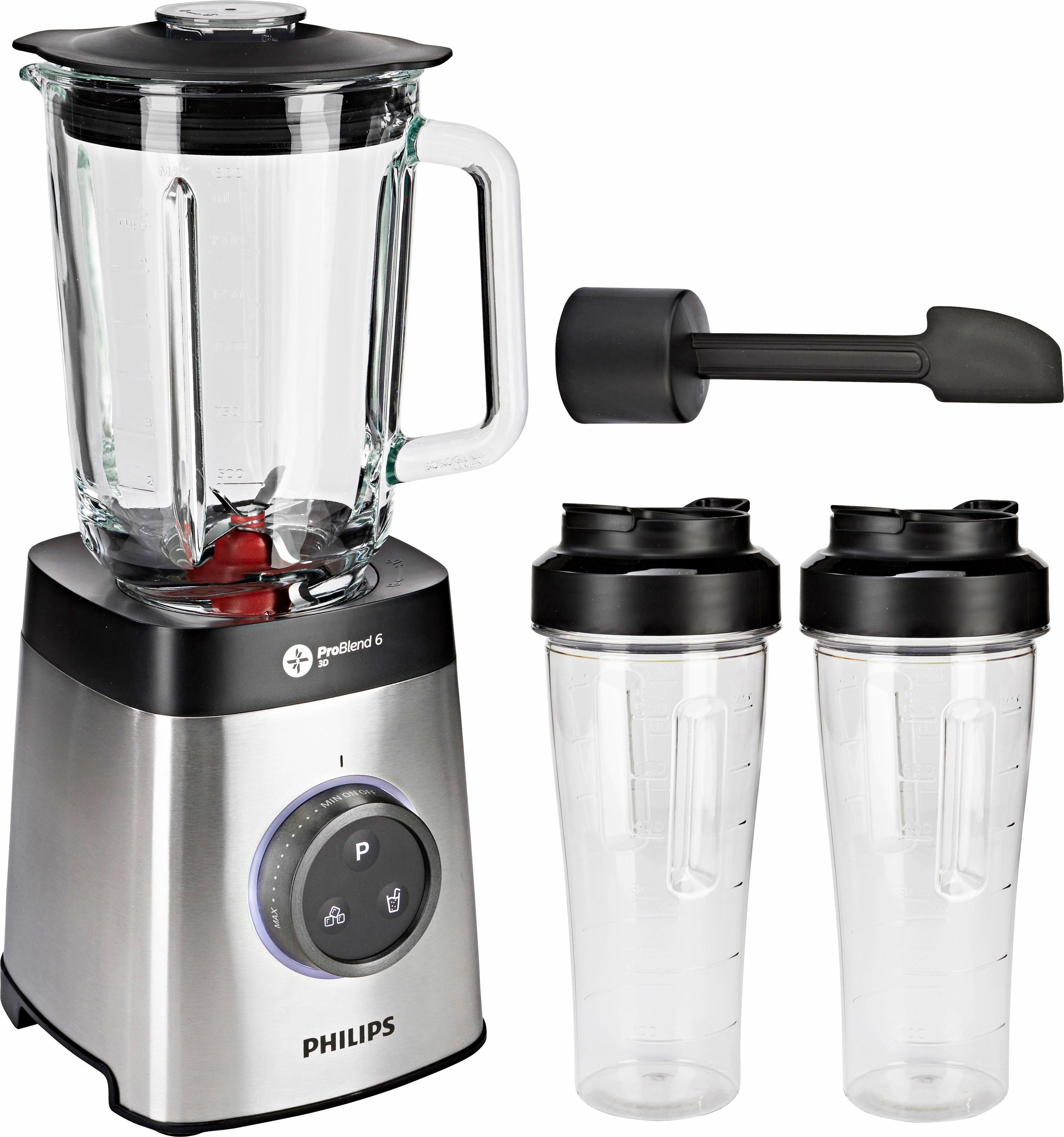 Philips Standmixer HR3655/00, 1400 W, ProBlend 6 3D Technologie, 2 Liter Glasbehälter, 2x Trinkflaschen