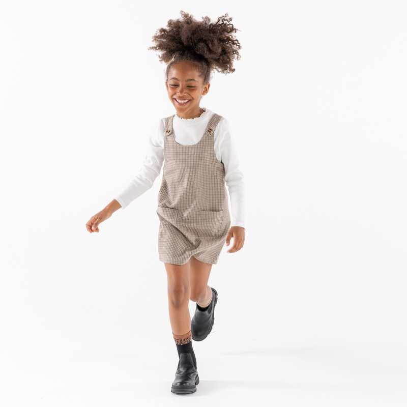 Robe chasuble à carreaux marron fille