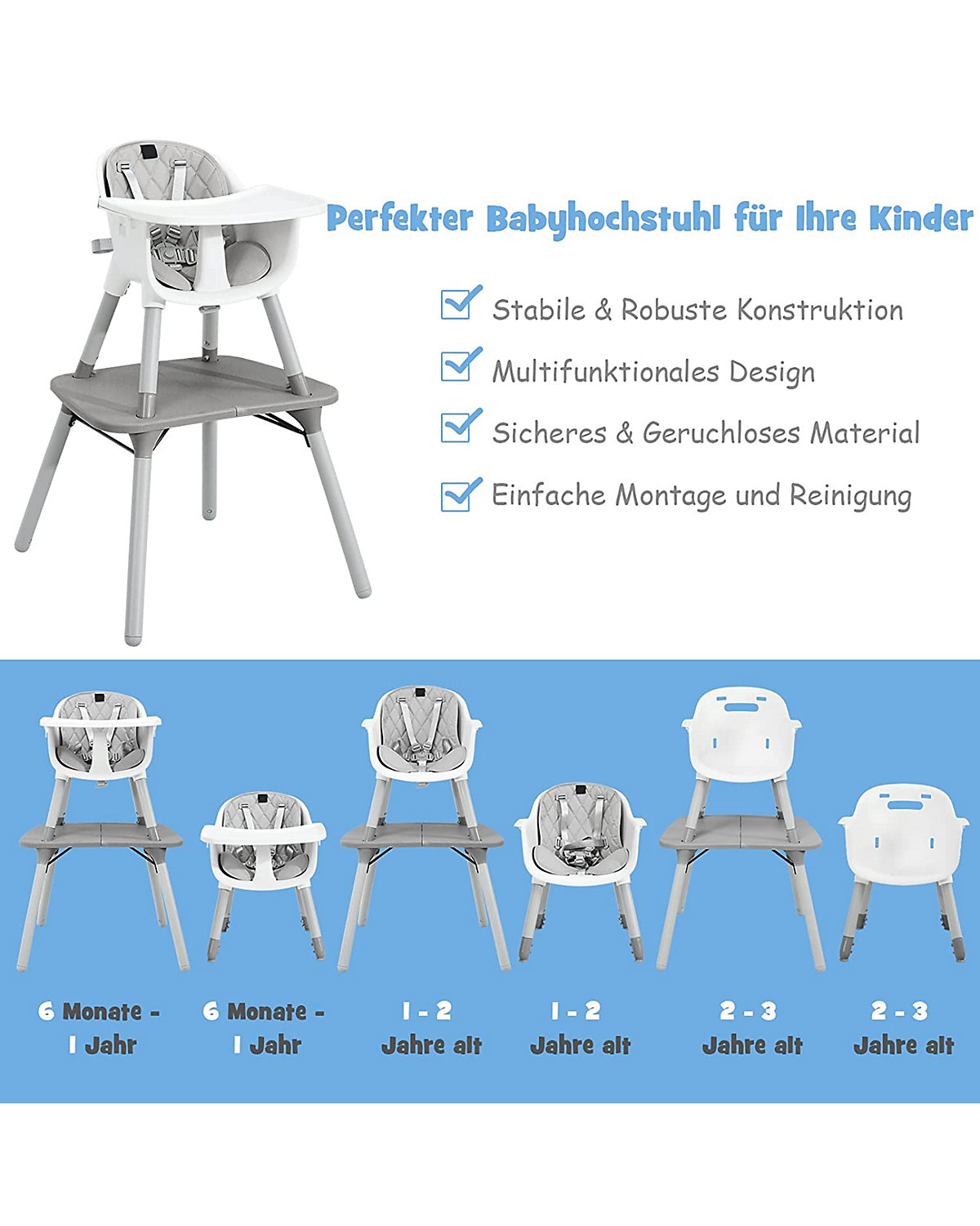 4in1 Baby Hochstuhl mit abnehmbarem & verstellbarem Tablett