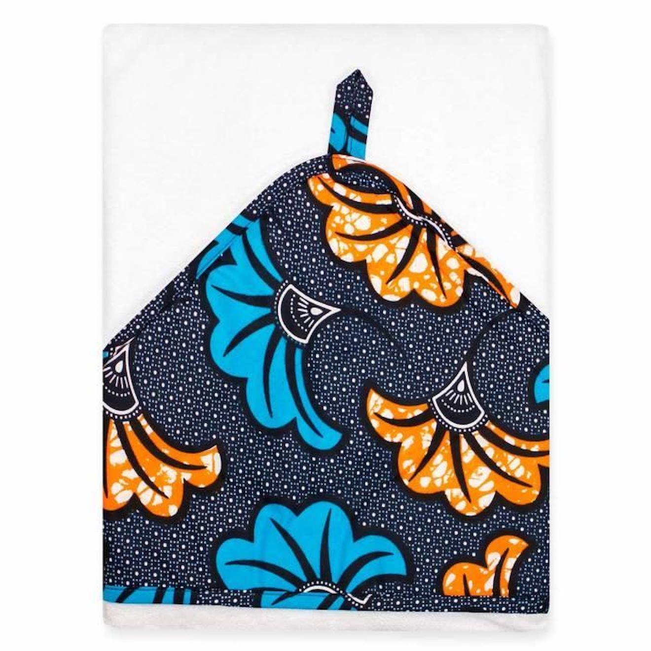 Grande cape de bain en coton et bambou, Wax Fleurs de mariage Bleu 100 x 100 cm blanc