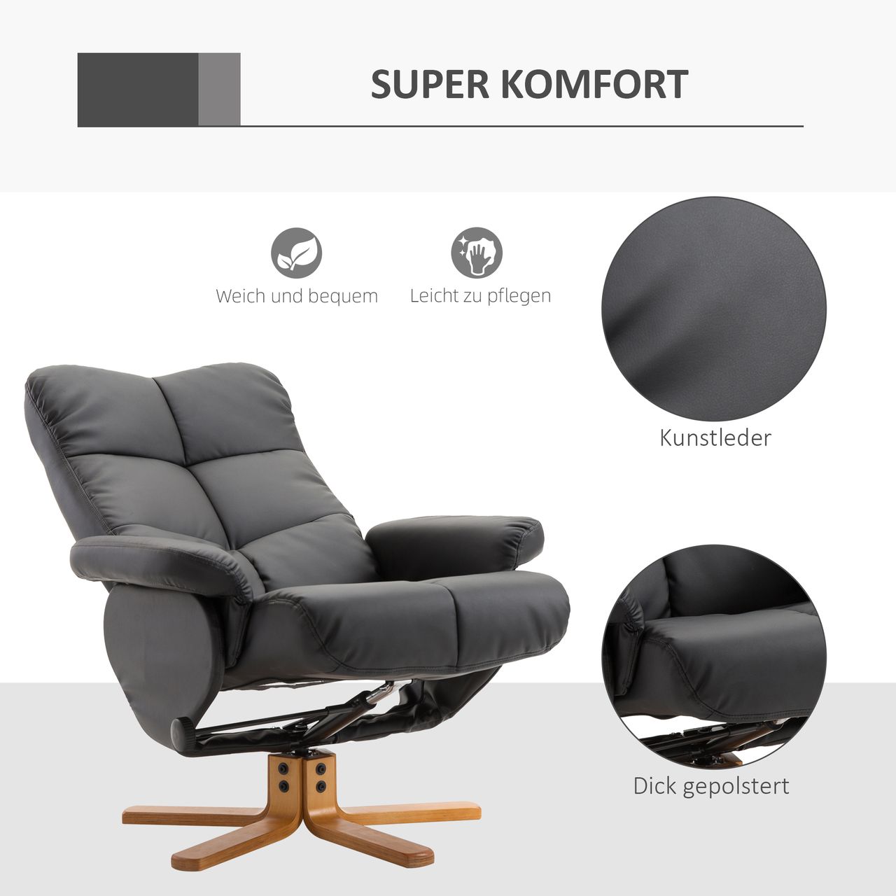 HOMCOM Relaxsessel Fernsehsessel 360° drehbarer Sessel mit Hocker Liegefunktion Holzgestell Schwarz 80 x 86 x 99cm