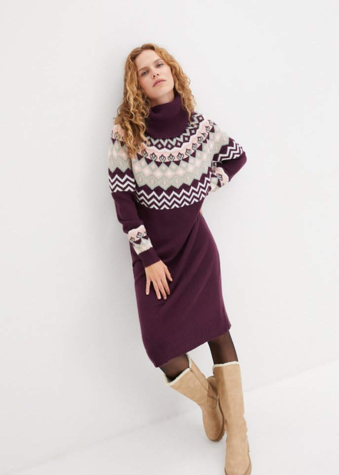 Strickkleid mit Norwegermuster und weitem Rollkragen, kniebedeckend