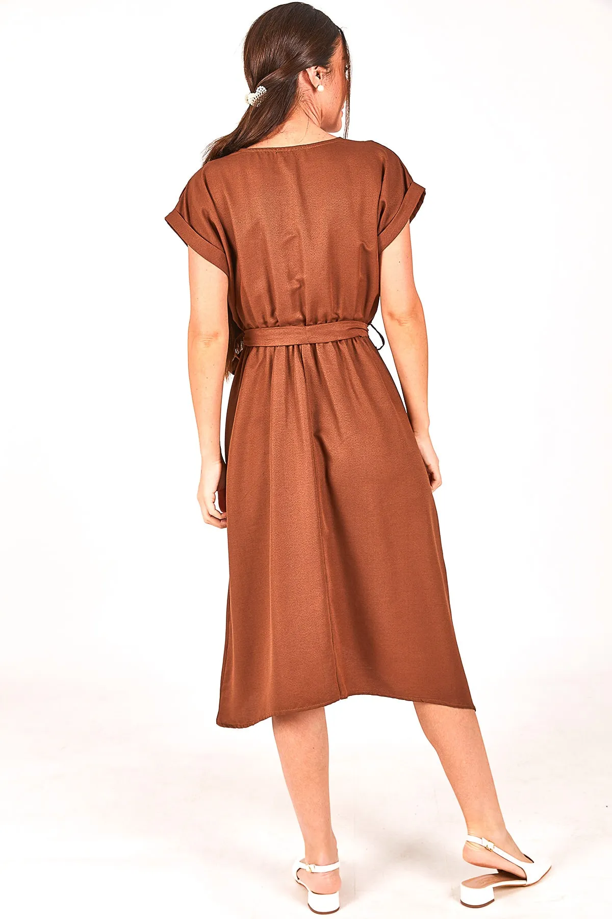 armonika  Damenkleid in Kaffeebraun mit elastischer Taille und Bindeband ARM-18Y001120