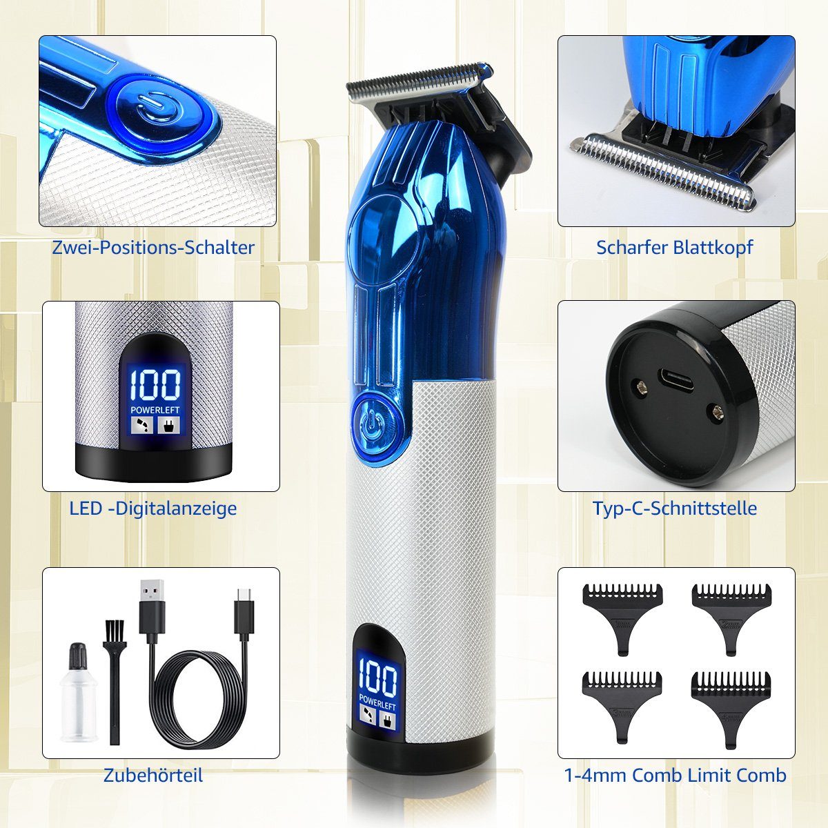 7Magic Bartschneider Professionelle Wasserdichte Haarschneider, 1200-mAh-Akku Barttrimmer herren, LED-Display Herren Trimmer