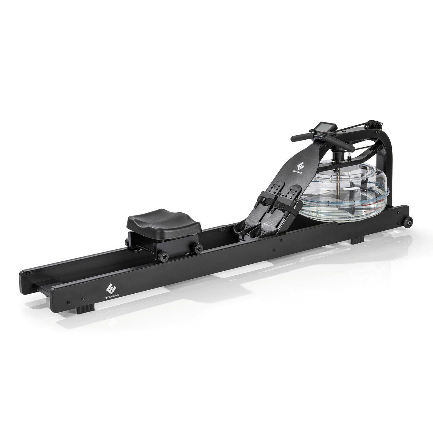 FitEngine Rudergerät Wasserrudergerät Echtholz Trainingscomputer 210cm schwarz, Wasserwiderstand passt sich automatisch an