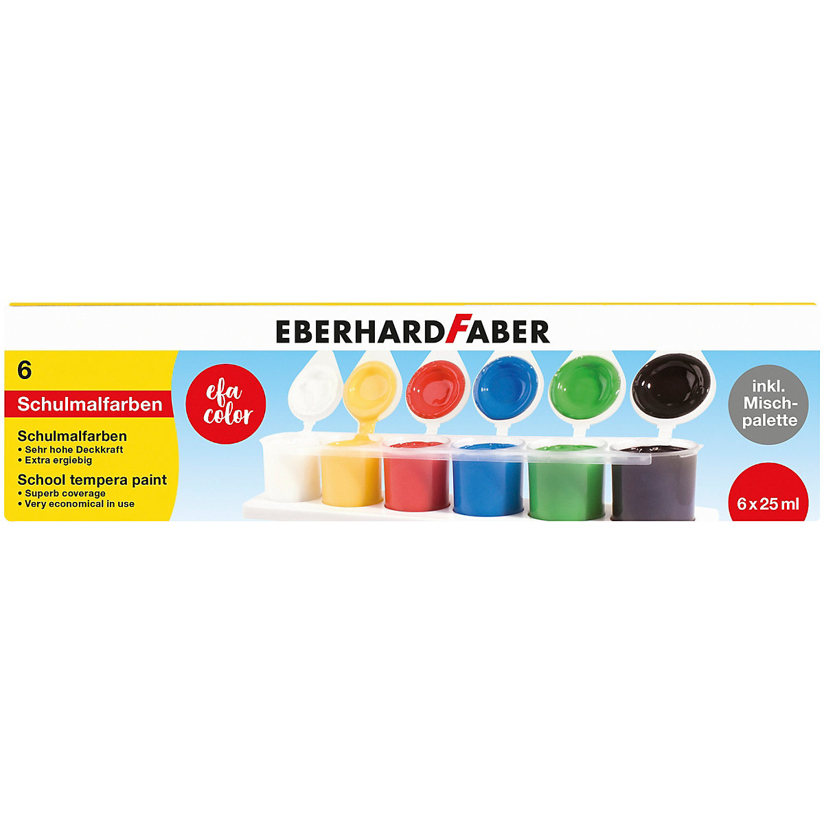 Schulmalfarben, 6 x 25 ml inkl. Mischpalette