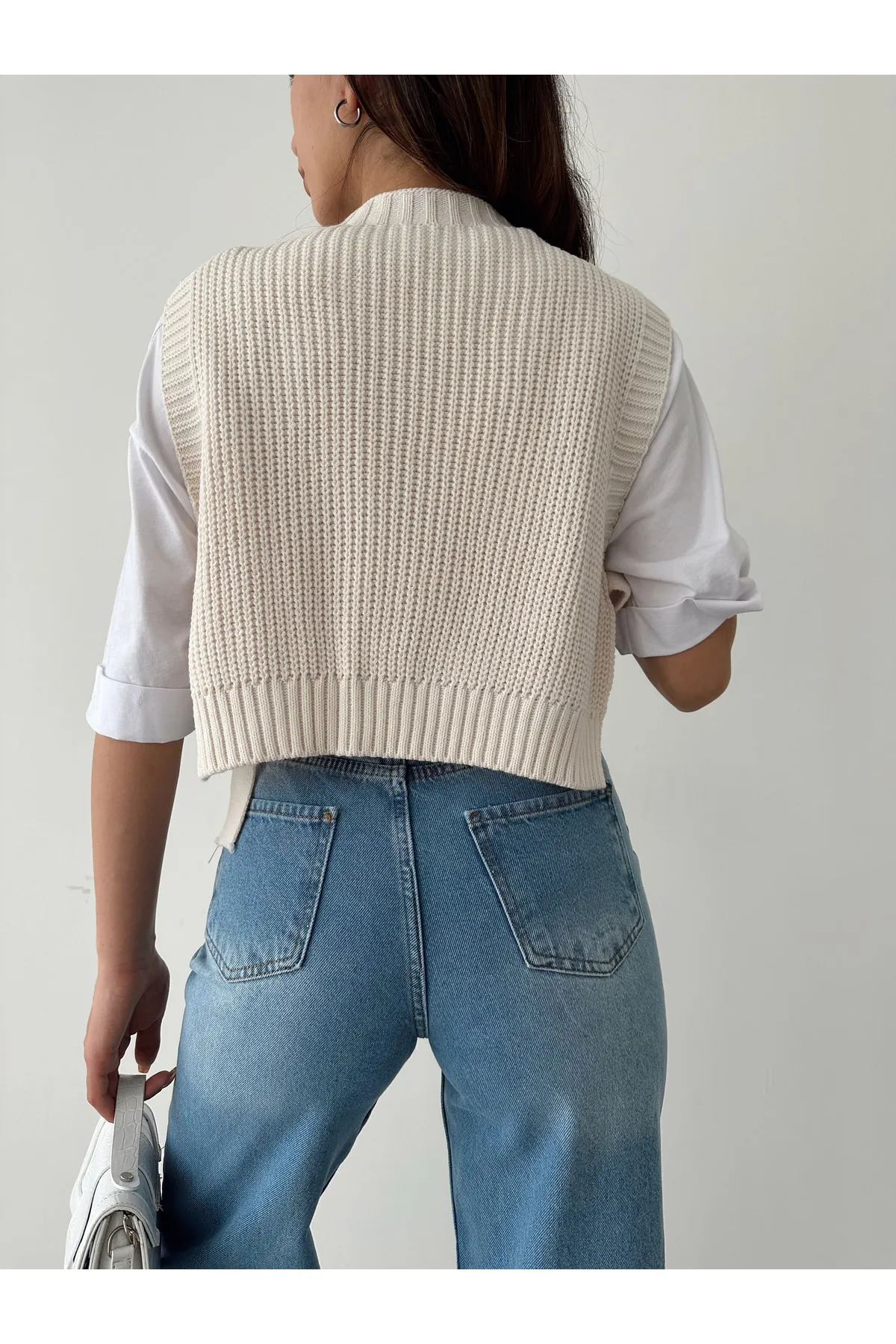BEJNA  Damen-Strickpullover mit seitlichem Bindeband und Perlendetails
