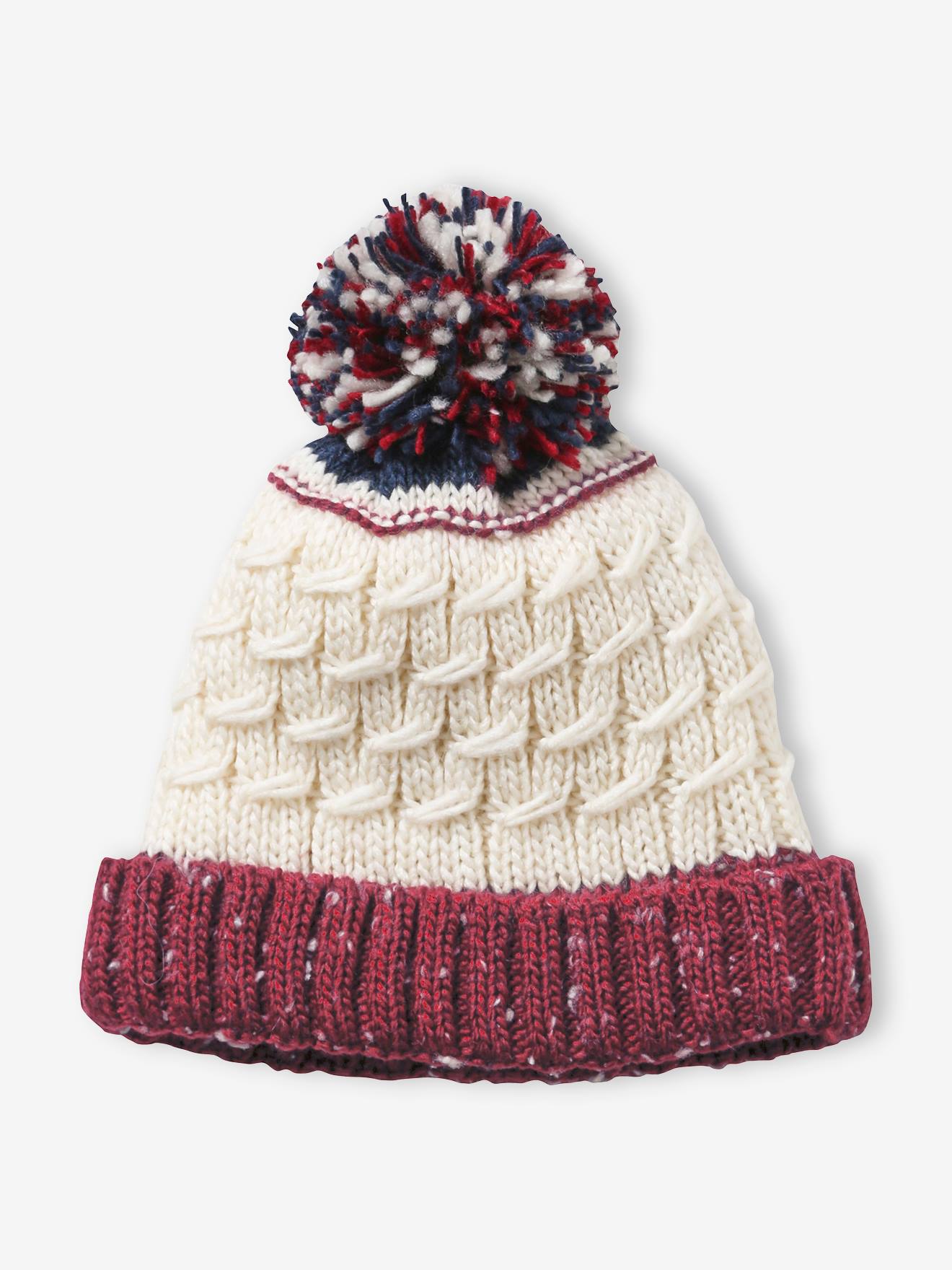 Bonnet garçon en maille torsadée bordeaux