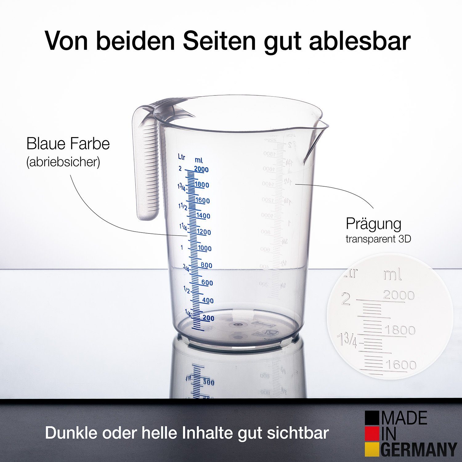 BigDean Messbecher Set 3 Größen: 500ml, 1L, 2L Skala, hitzebeständig Made in Germany, Polypropylen-Kunststoff
