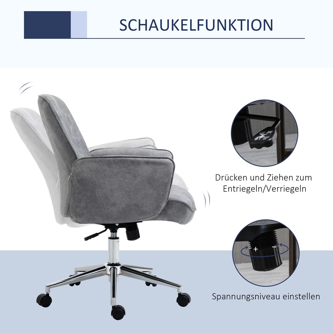 HOMCOM Bürostuhl Schreibtischstuhl Drehstuhl Home-Office-Stuhl mit Wippenfunktion höhenverstellbarer ergonomisch 360°-Drehräder modern schick Mikrofaser Schaumstoff Hellgrau 67x69x102 cm