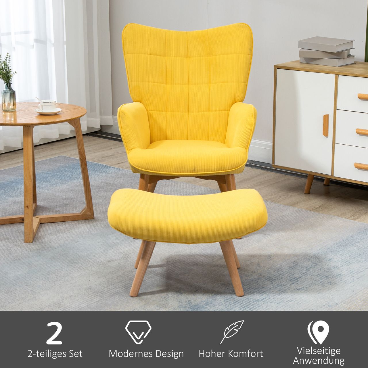 HOMCOM Ohrensessel mit Hocker, Relaxsessel, Polstersessel in Cord-Optik, Gelb