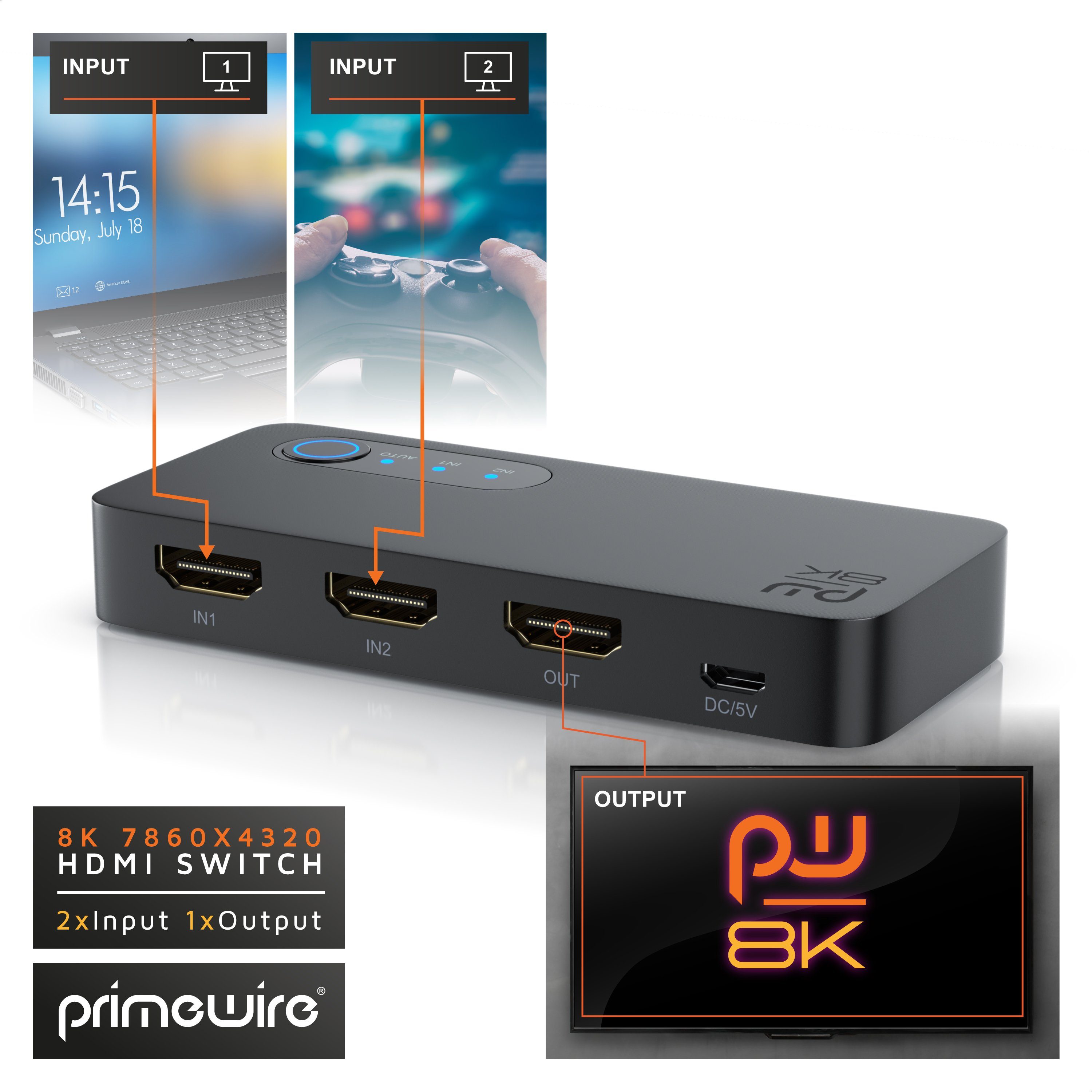 Primewire Audio / Video Matrix-Switch, 2-Port HDMI Splitter, 8K Aluminium HDMI Switch 2 in 1 Out UHD
