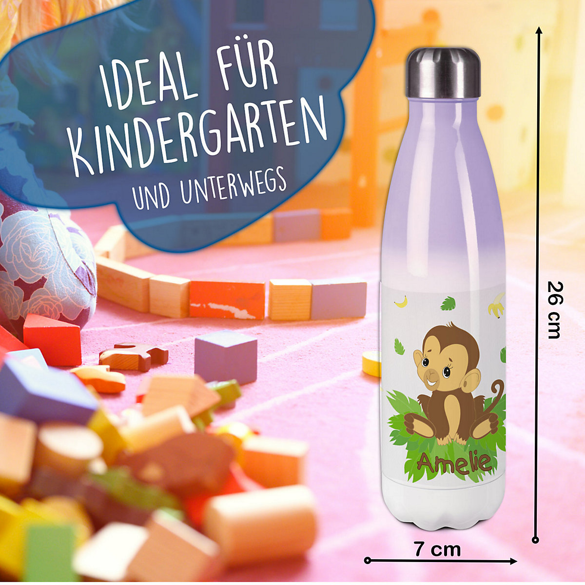 Edelstahl Kinder Thermoflasche / Trinkflasche bunt Affenbaby Spülmaschinenfest, Auslaufsicher, Bruchfest, Doppelwandig, Für Heißgetränke geeignet, Mit Deckel, Isoliert