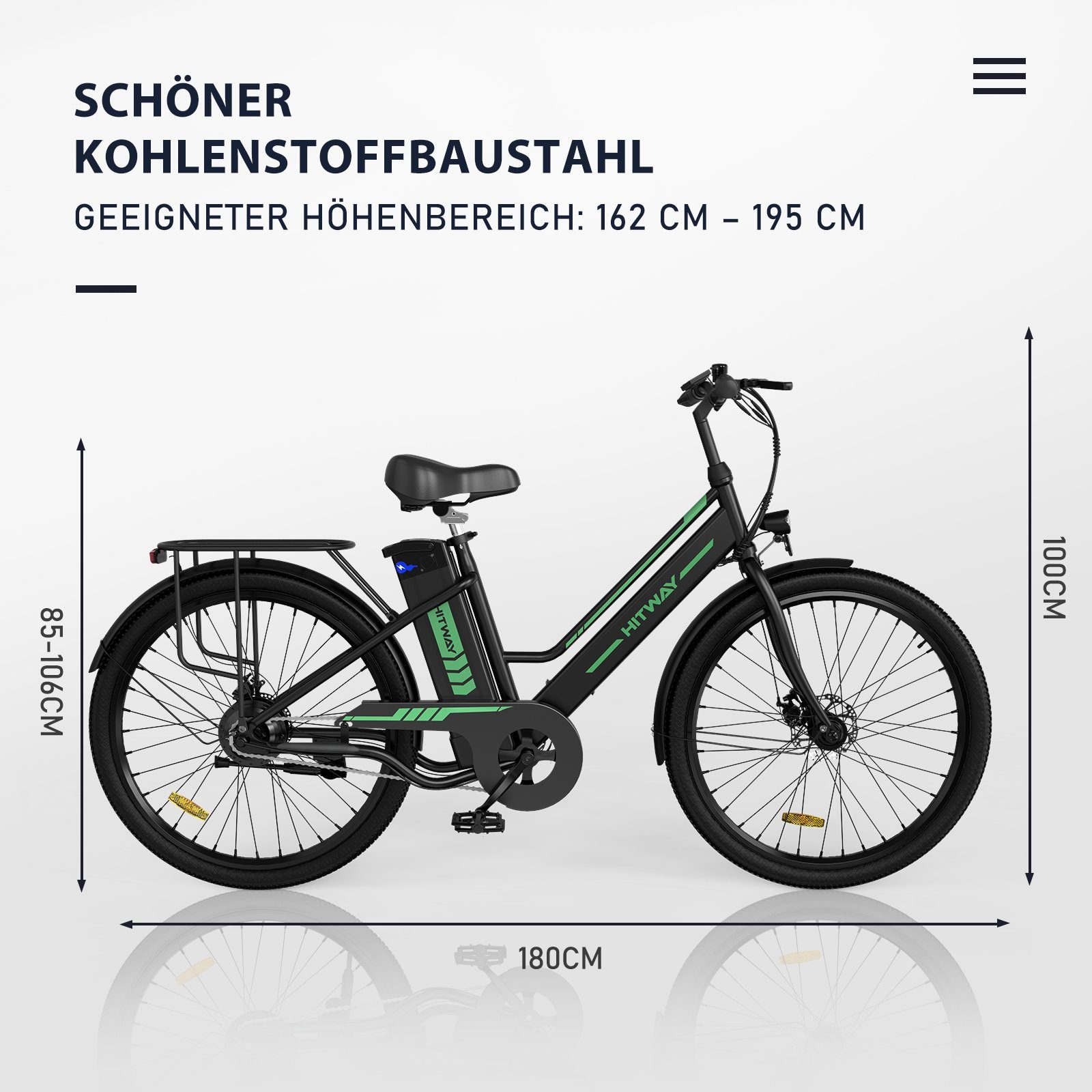HITWAY E-Bike E-Fahrrad 36V 8.4AH 25km/h,Damen,35-70KM, Heckmotor, Fahrradkorb, Pumpe, Fahrradschloss