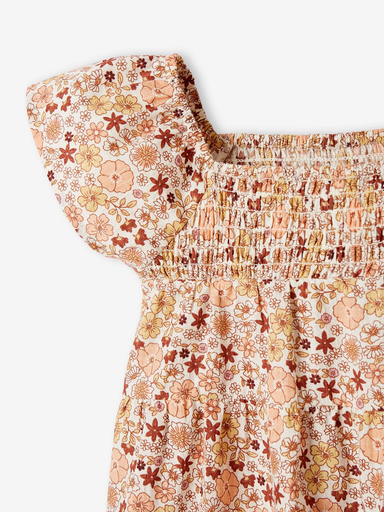 Robe fleurie bébé avec smocks écru