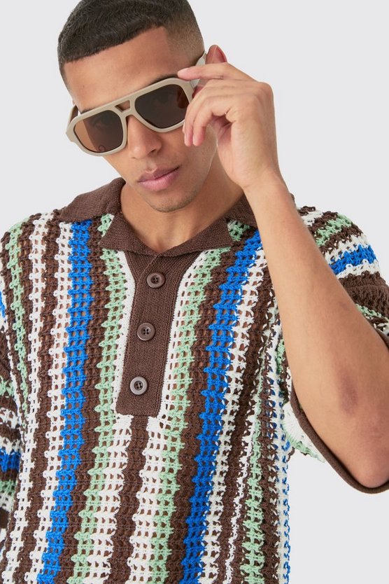 Oversize Strick-Poloshirt mit Streifen