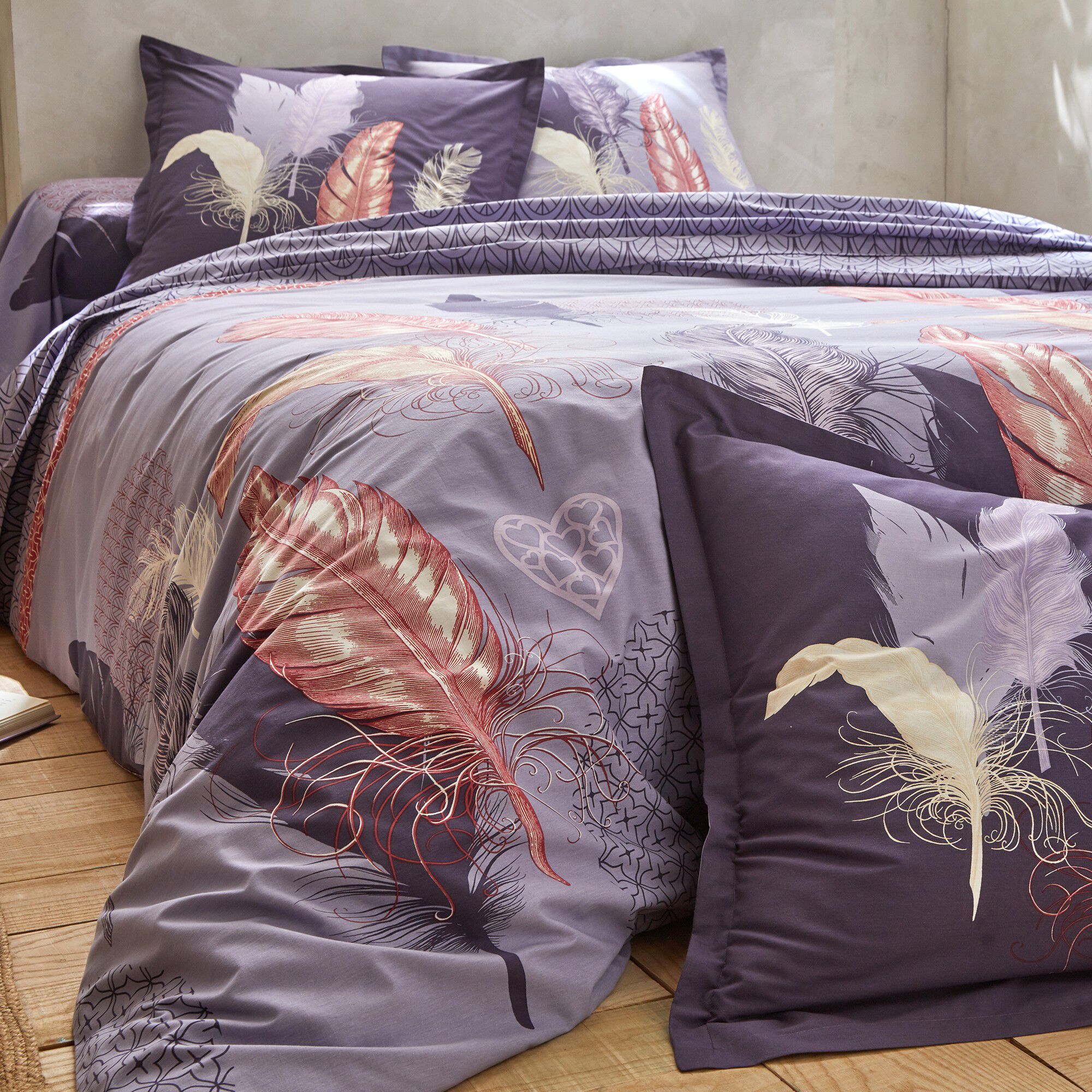 Linge de lit Pauline en coton imprimé plumes