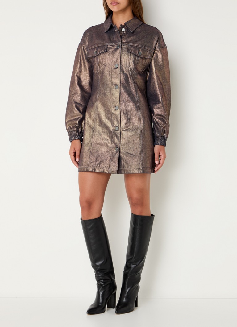 Refined Department Bibi denim mini dress with metallic finish and chest pockets