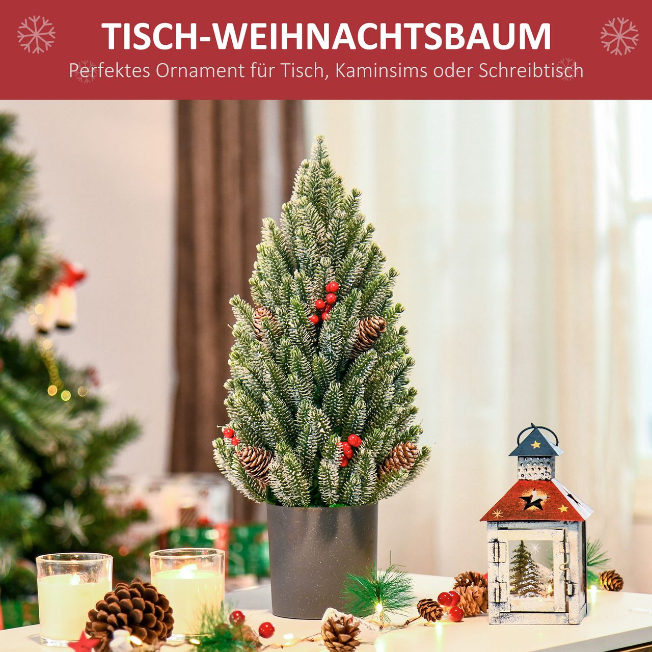 HOMCOM Künstlicher Weihnachtsbaum kleiner Tisch-Christbaum 170 Äste schneebedecktes Design einfacher Aufbau Christbaum mit Kunststoffsockel Beeren Tannenzapfen PE PVC Grün Ø27 x 47 cm
