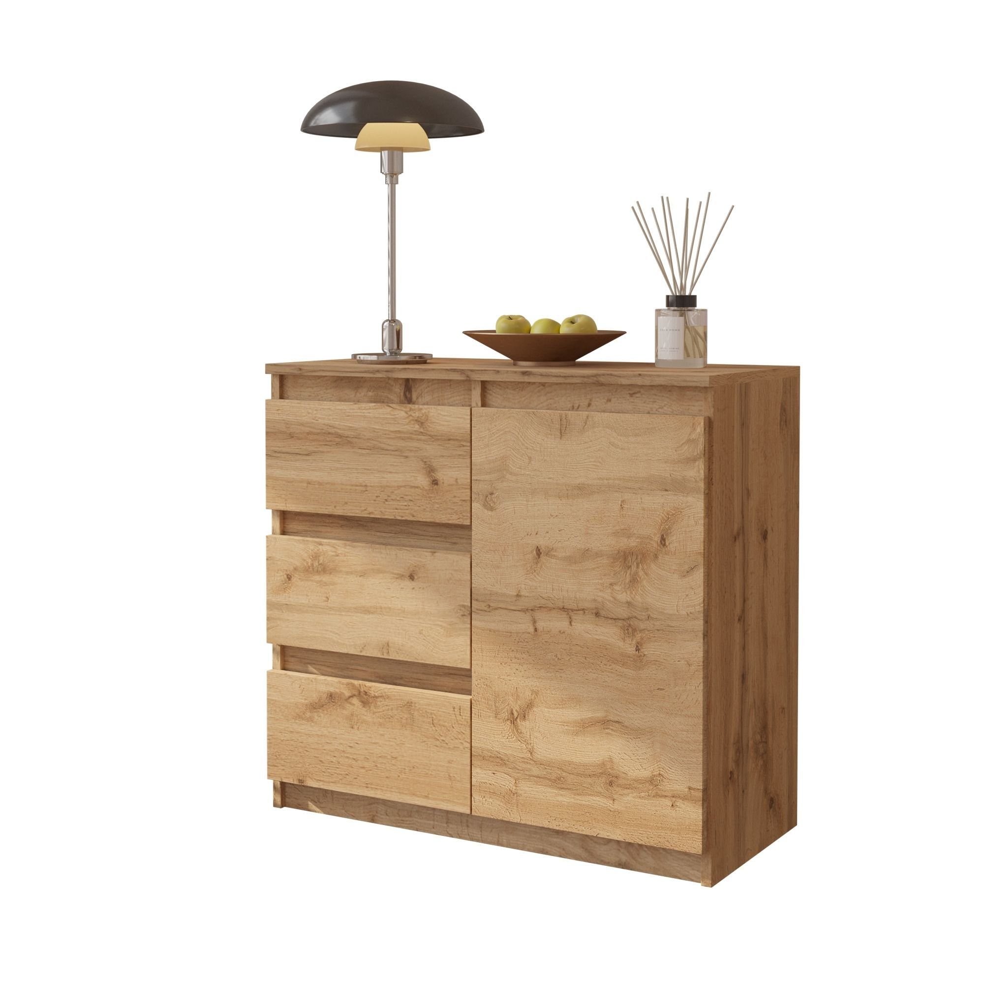 Furnica Kommode MIKEL, 3 Schubladen und 1 Tür - Votan Eiche H75cm B80cm T35cm (1 St)