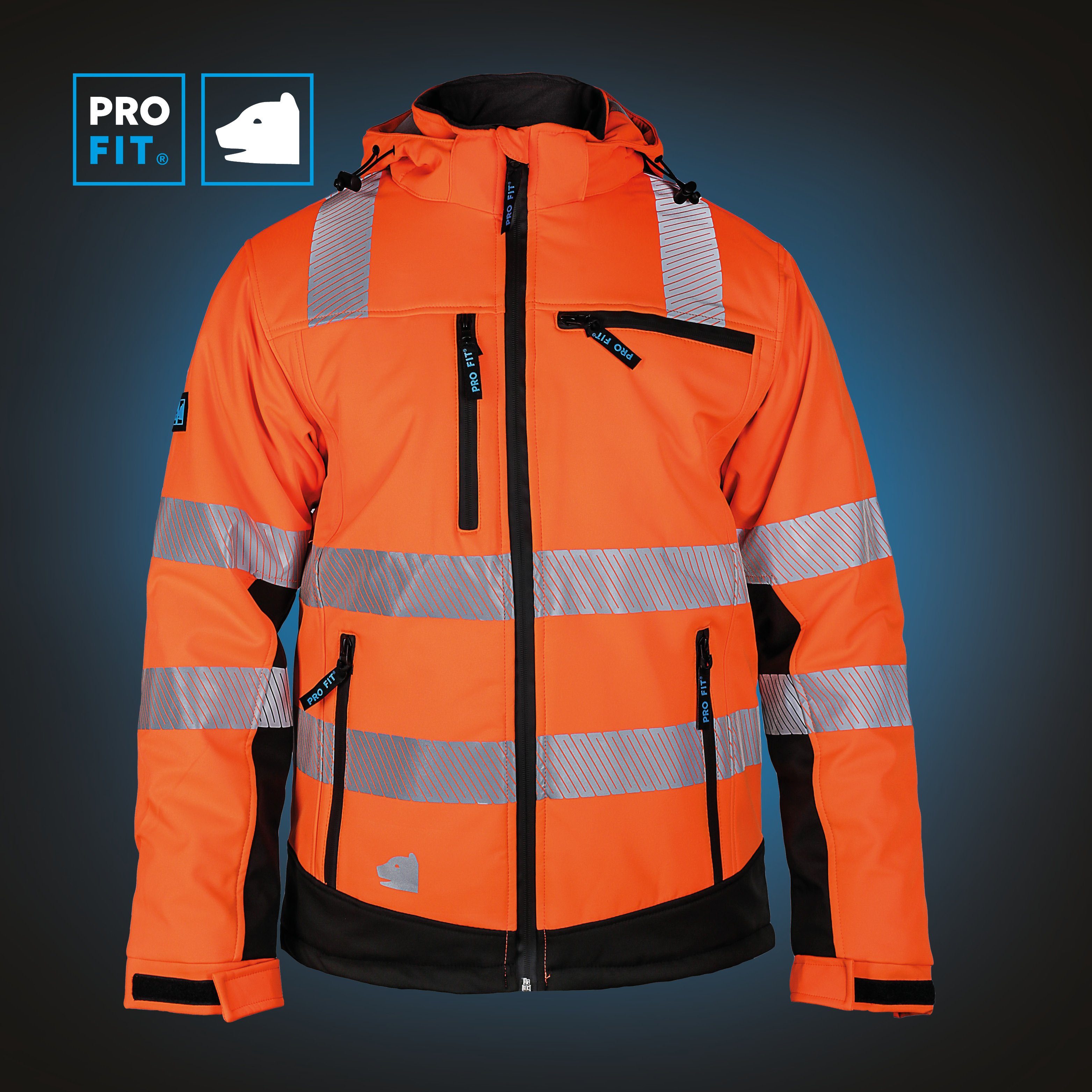 PRO FIT by Fitzner Arbeitsjacke Winter Warnschutz-Softshelljacke Neonorange/Schwarz (1, Stück) Wind- & Wasserabweisend, Reflektionsstreifen, Steppfutter, Atmungsaktiv