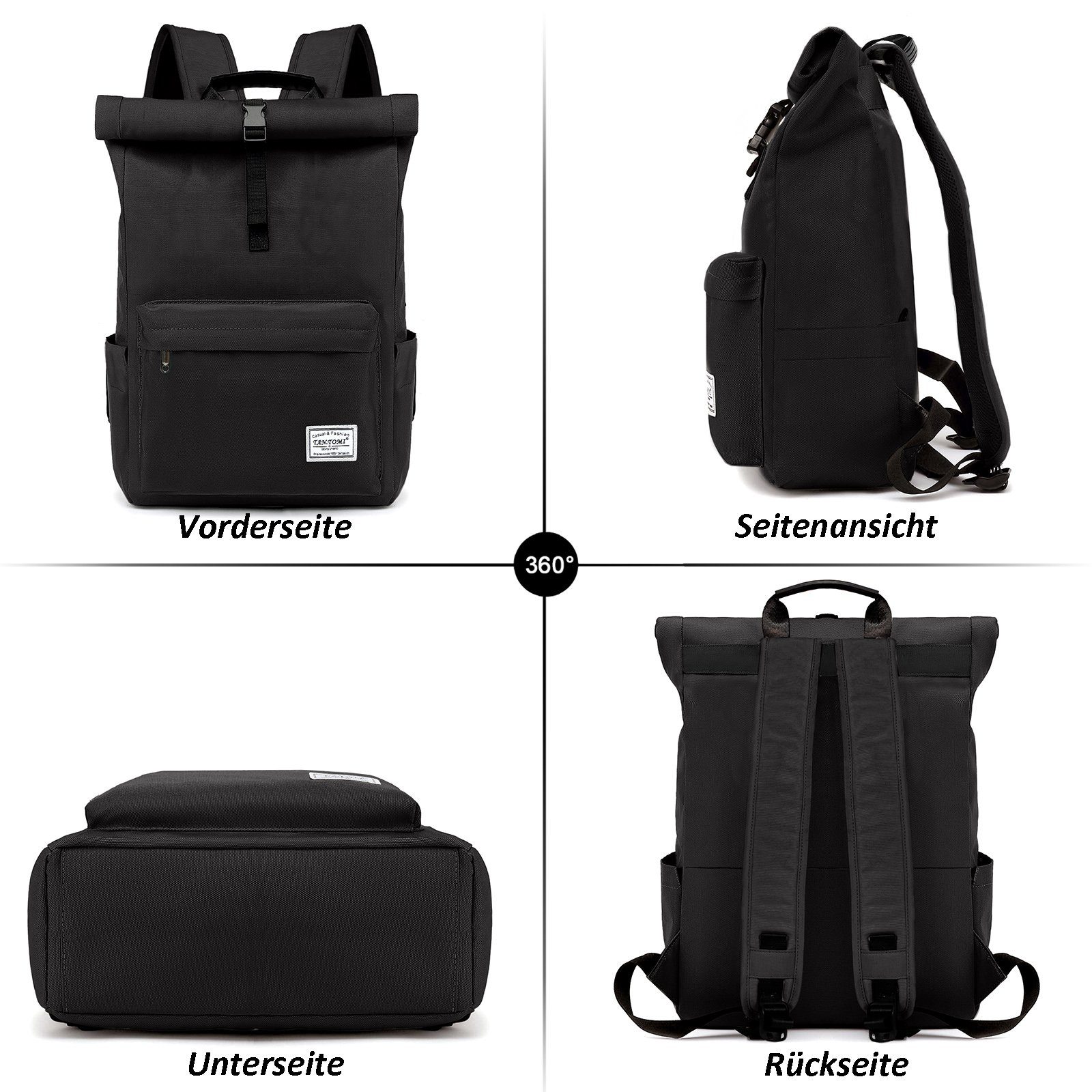 TAN.TOMI Cityrucksack Rucksack Damen Herren Tagesrucksack mit Laptopfach, Modern Rolltop Rucksack Daypack, Wasserdichter