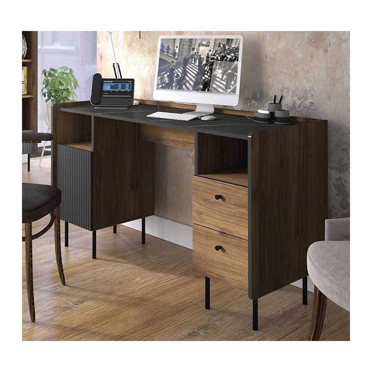 Schreibtisch Bürotisch Pereto 135x55x79cm 1-türig 2 Schubladen