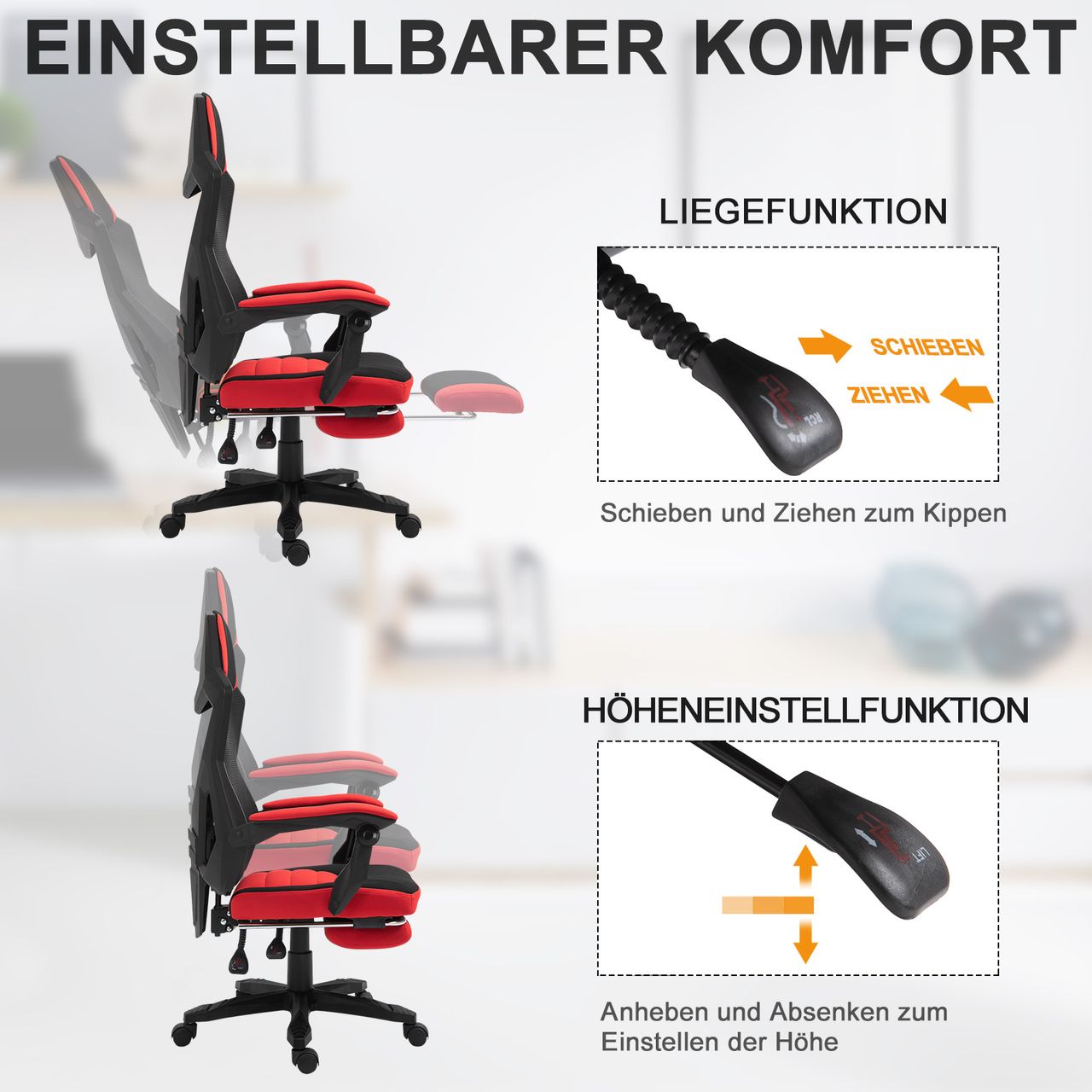 Vinsetto Ergonomischer Bürostuhl Gaming Stuhl Drehstuhl mit Fußstütze Schwarz