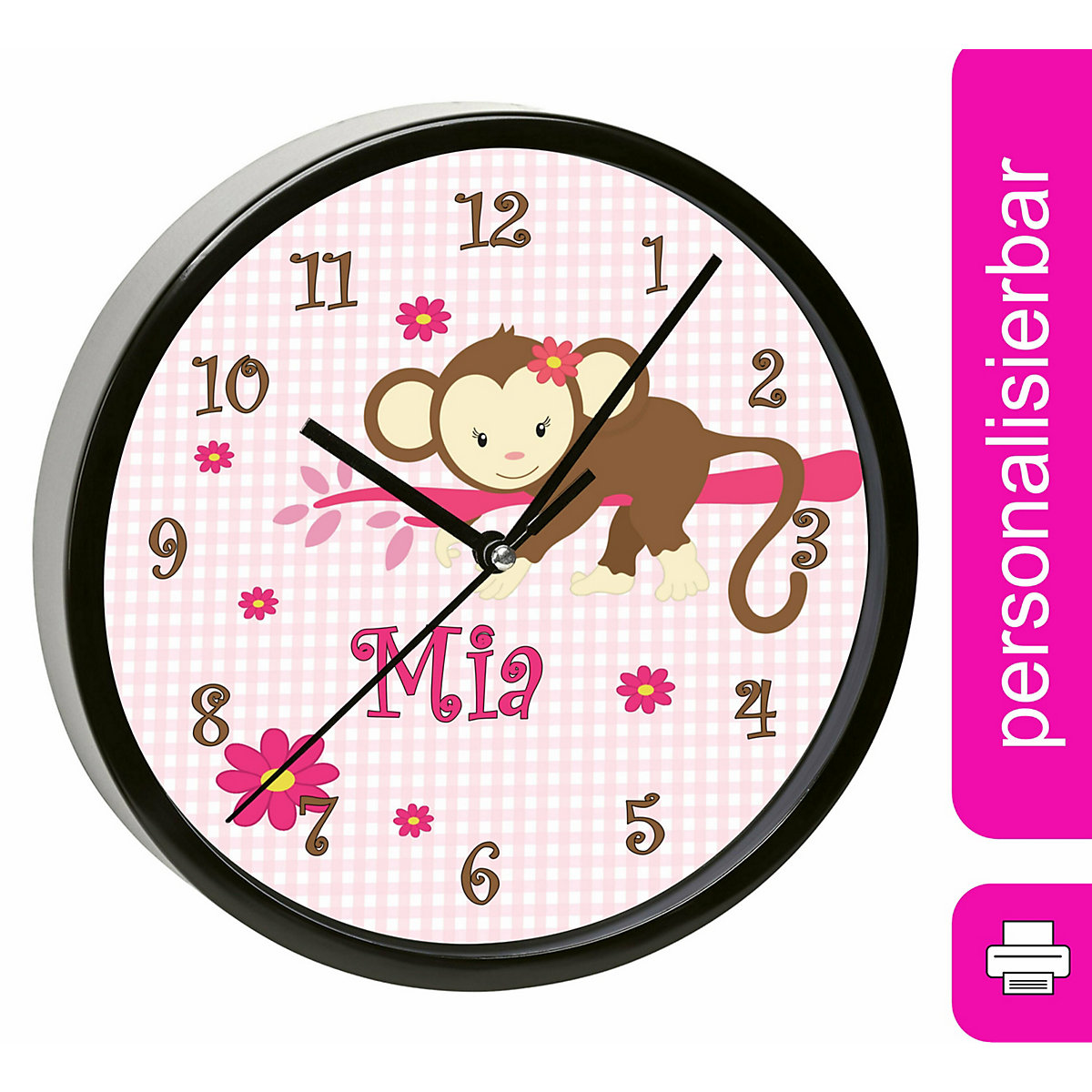 Kinder Wanduhr personalisiert mit Name Affe hängend Rosa