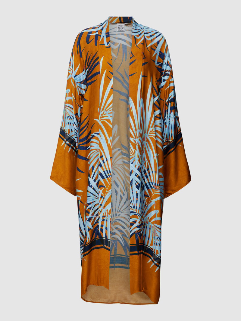 Kimono mit Allover-Muster Modell 'Palme' in cognac