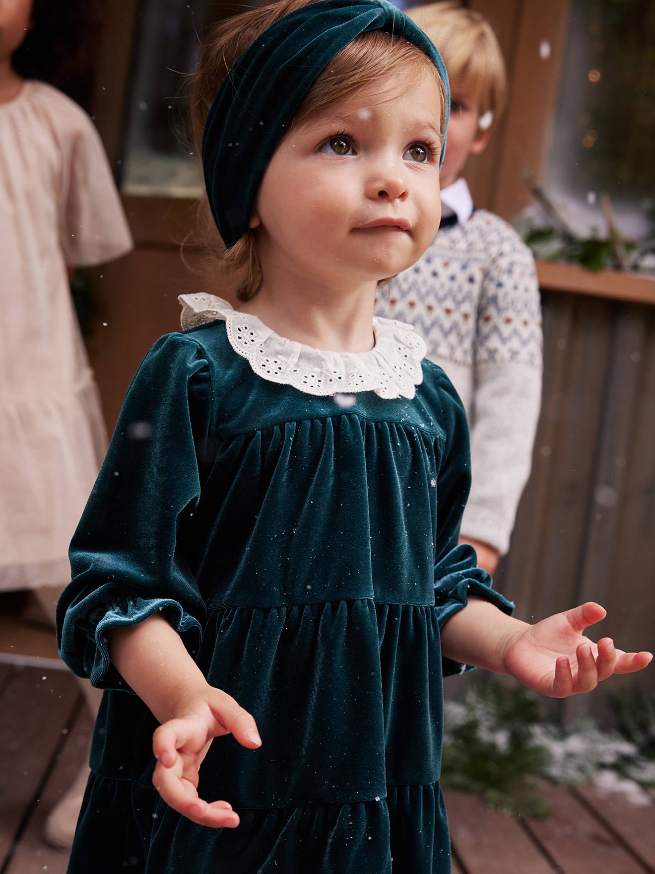 Vertbaudet Mädchen Baby Weihnachts-Geschenkset: Samtkleid & Haarband - smaragdgrün