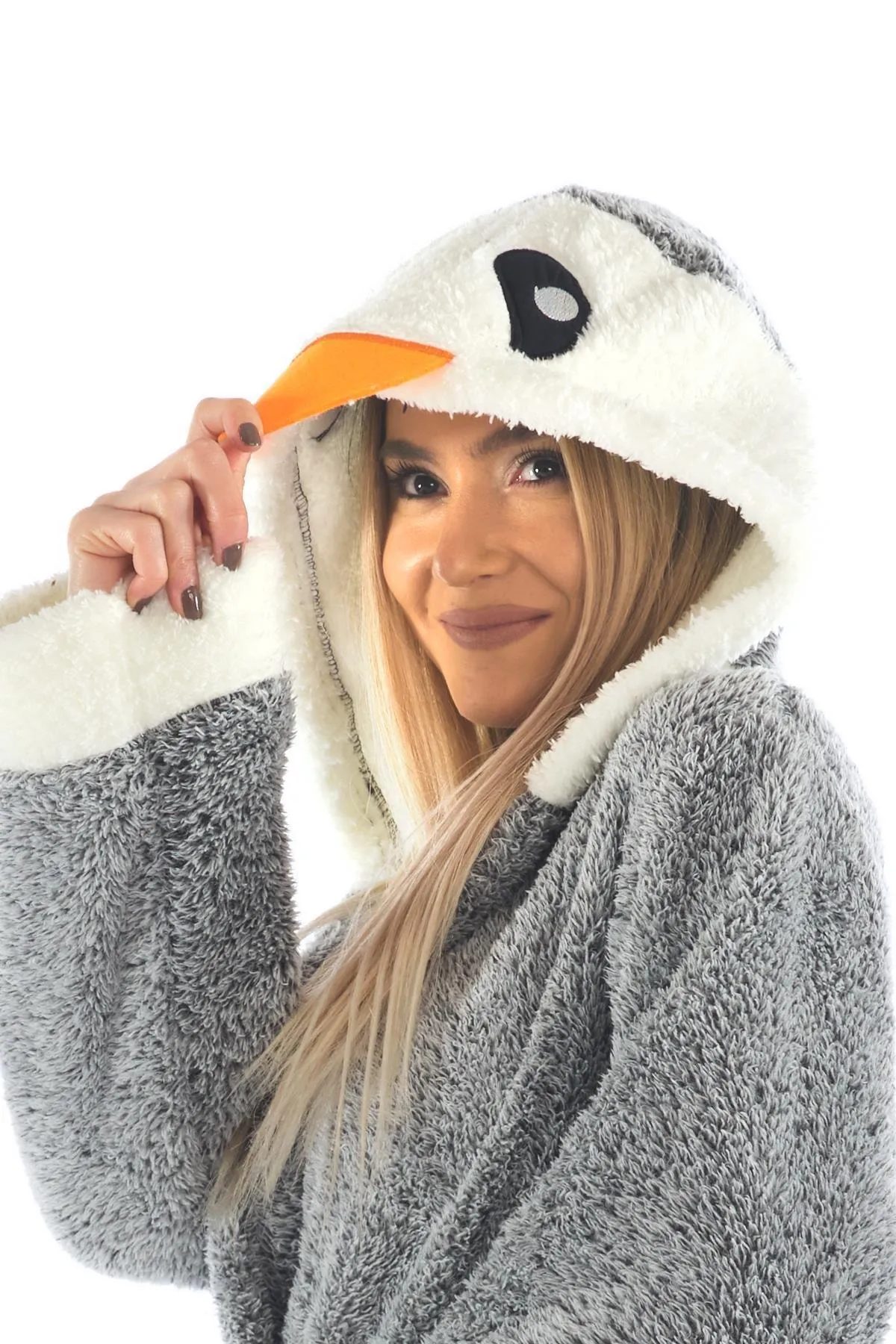 Znp Home  Grauer Wellsoft-Plüsch-Bademantel für Damen mit Pinguin-Stickerei und Kapuze