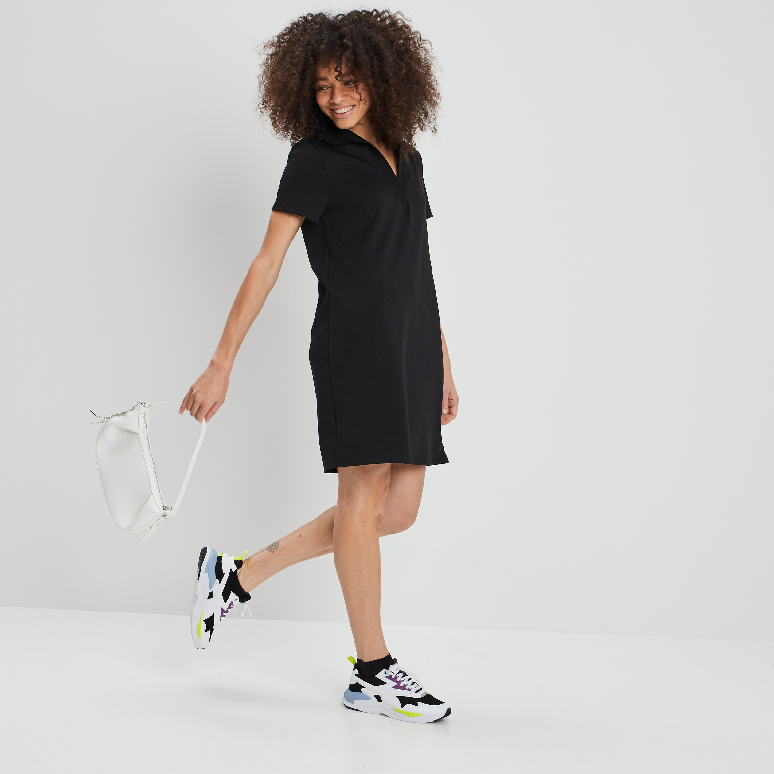 Robe droite manches courtes col polo noir femme | La Halle