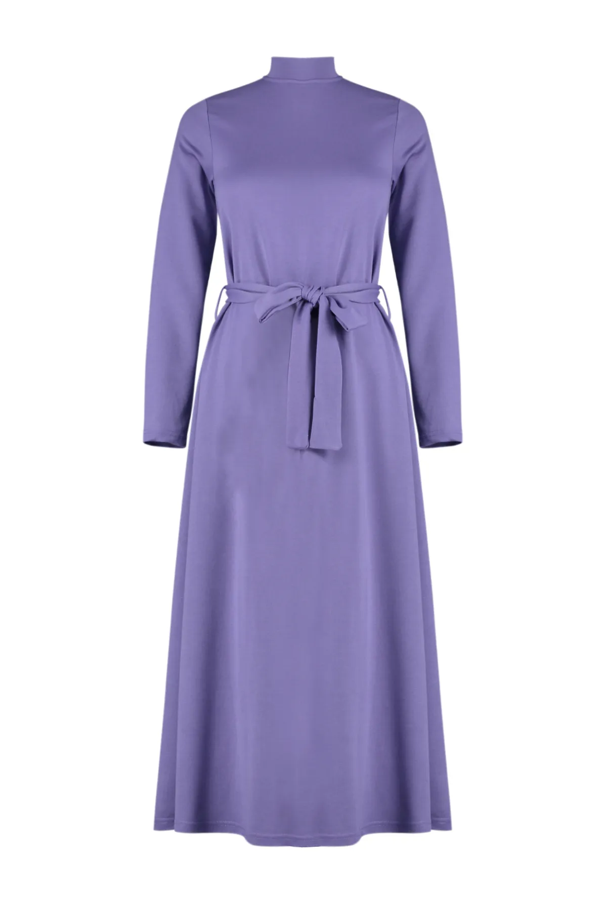 Trendyol Modest  Fliederfarbenes Strickkleid mit Stehkragen und geradem Gürtel TCTSS24EB00122