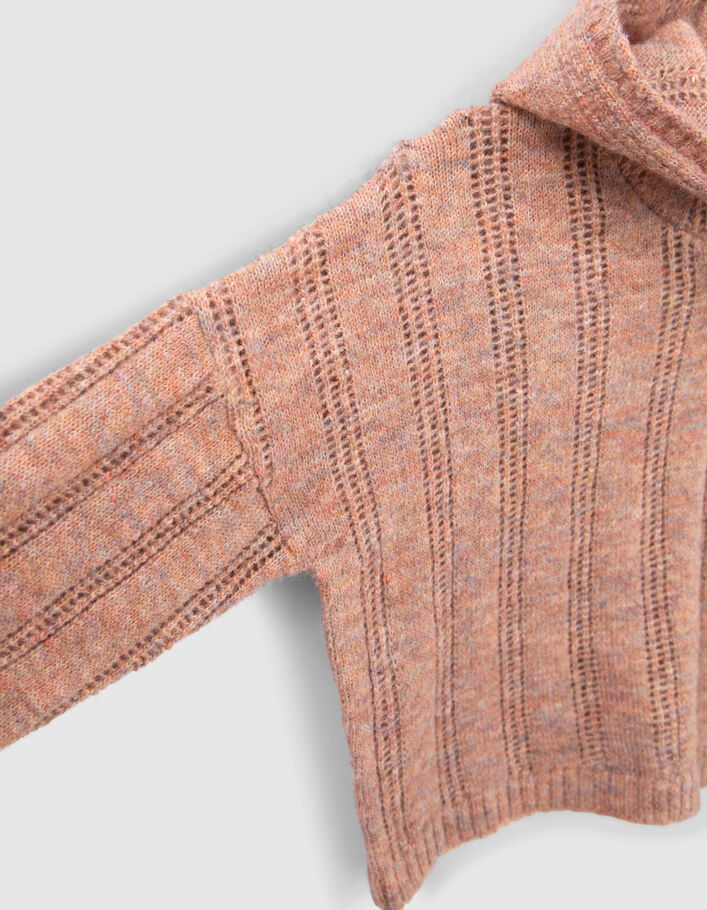 Pull bois de rose tricot ajouré à capuche fille