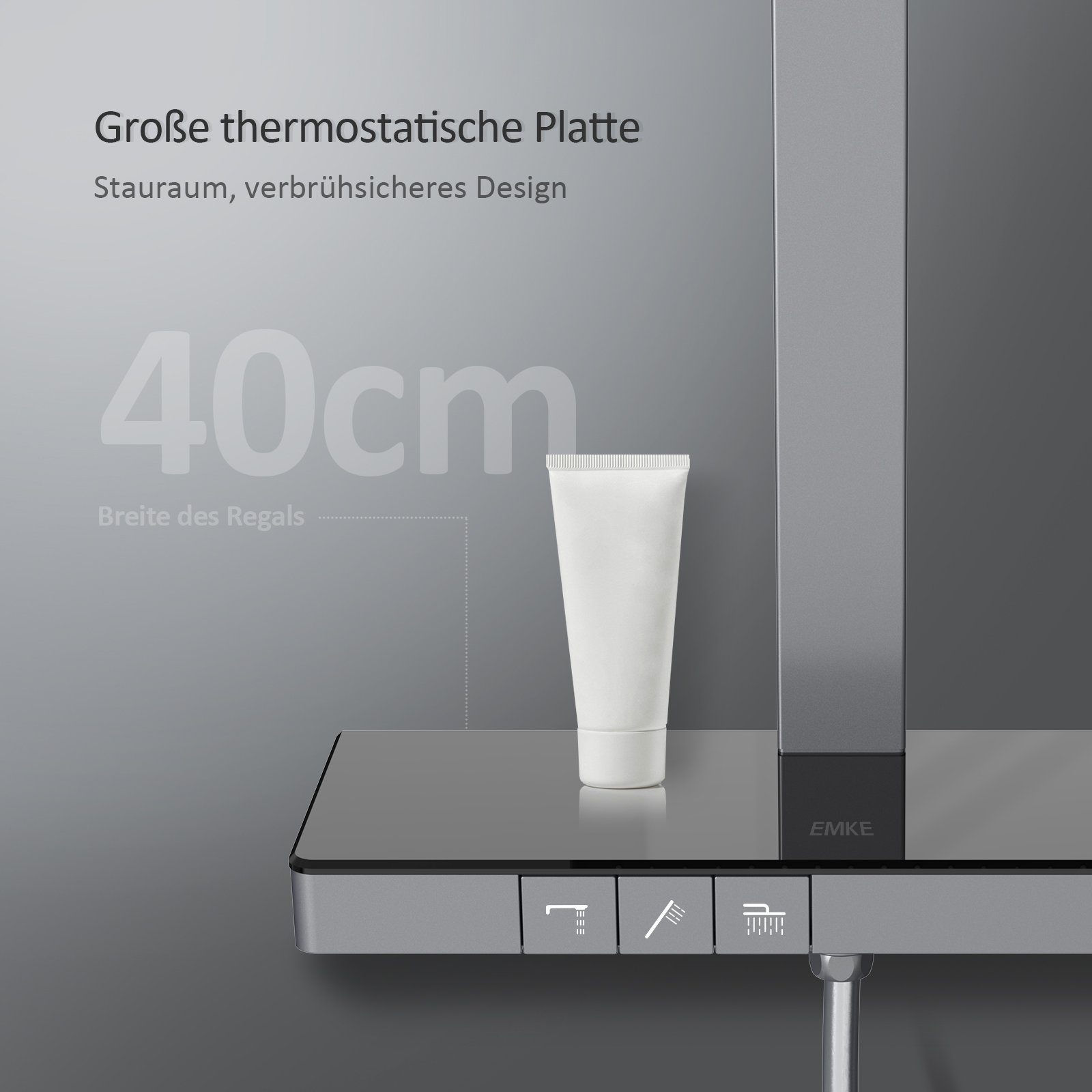 EMKE Duschsystem Duschsystem mit Thermostat Duschset mit 40cm Thermostatische Platte, 4 Strahlart(en), Brausestange, Handbrause, Regendusche, Wasserauslass, Anthrazit Matt