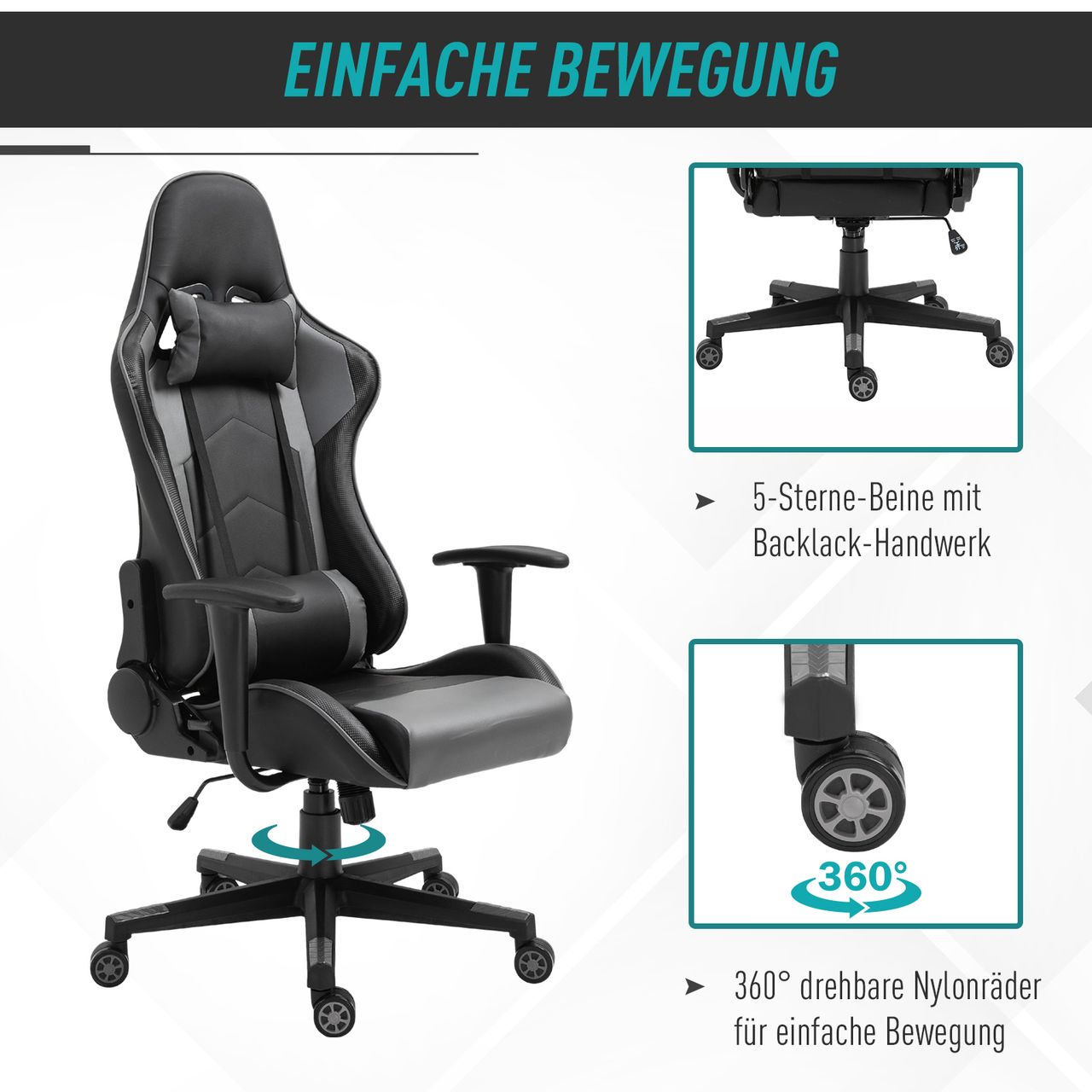 Vinsetto Ergonomischer Bürostuhl Gaming Stuhl Kunstleder Schaumstoff Schwarz